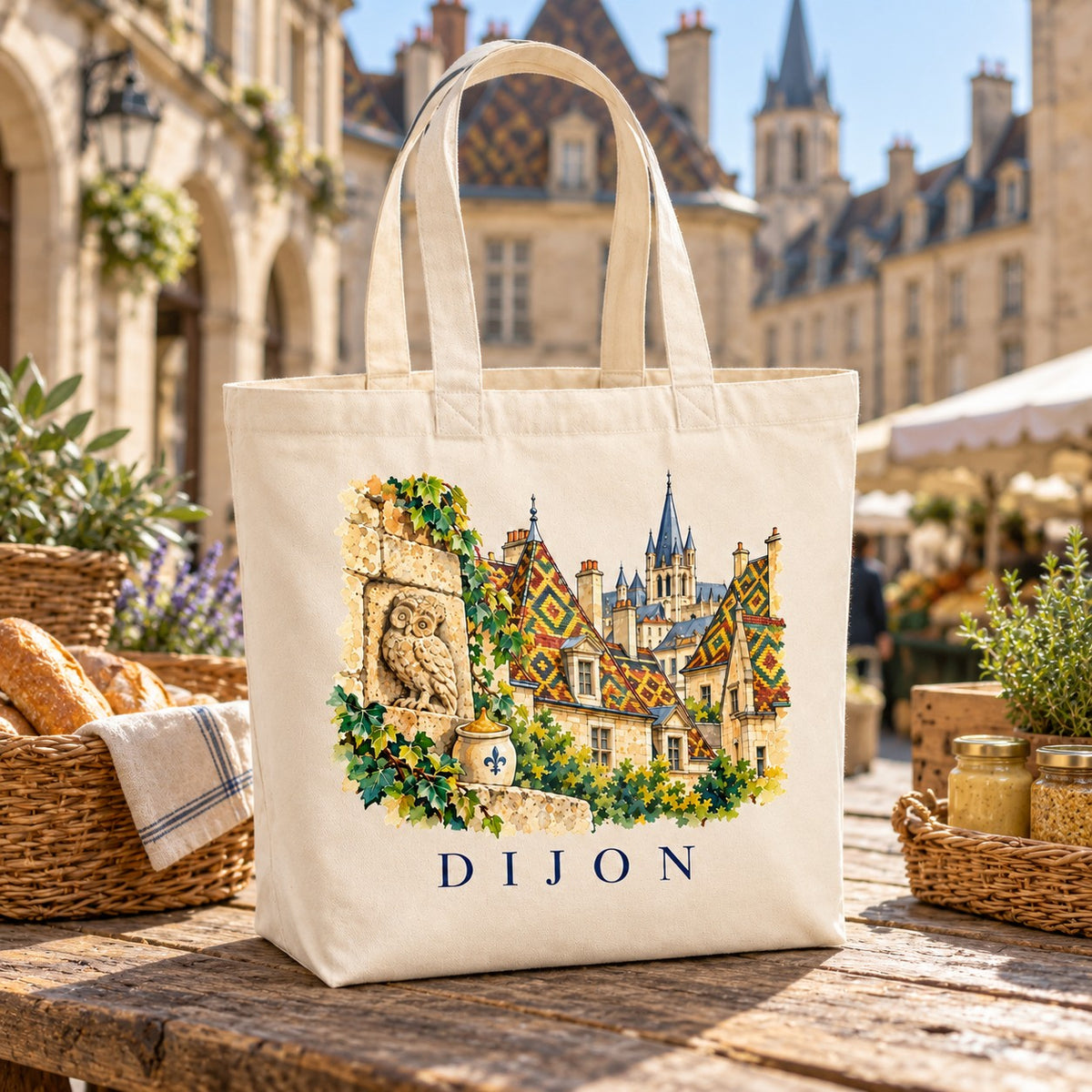 Tote bag Dijon Premium posé sur un étal de marché bourguignon, avec du pain et des bocaux