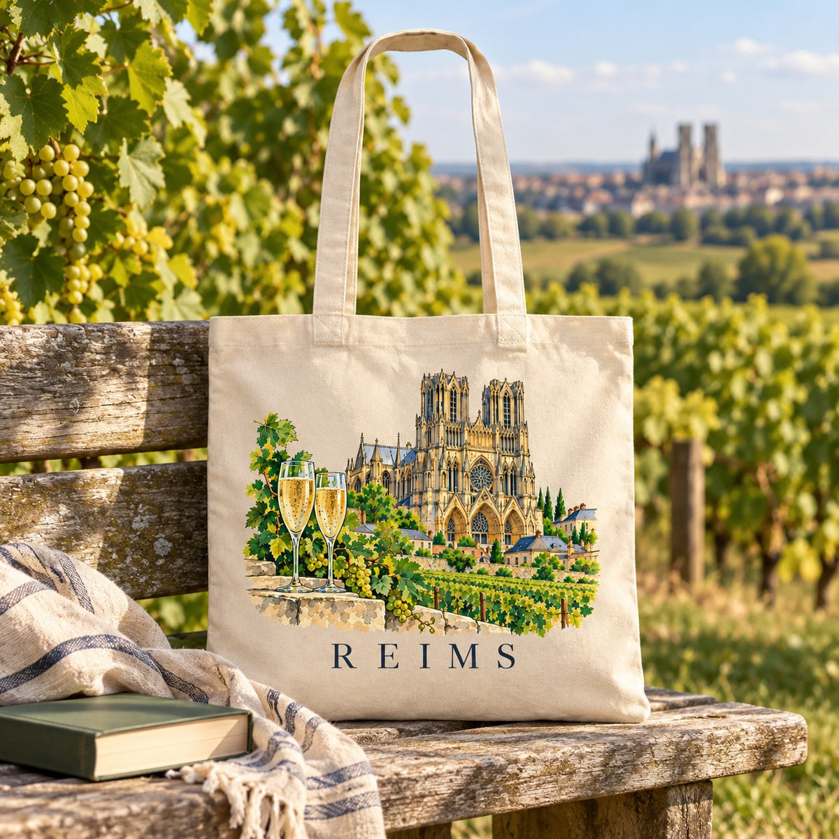 Tote bag Reims Essentiel posé sur un banc au bord des vignes, avec un livre