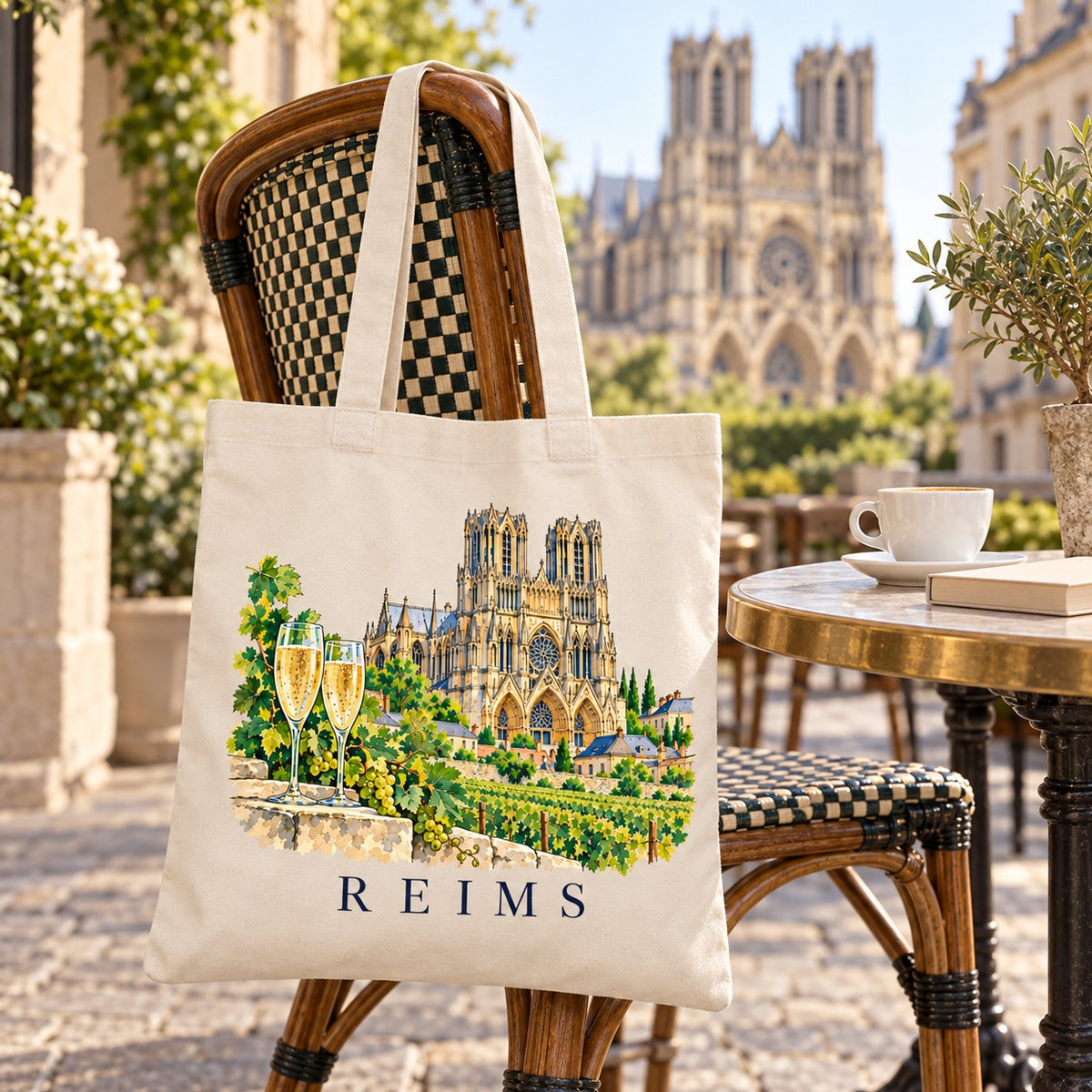 Tote bag Reims Essentiel suspendu à une chaise de bistrot en terrasse face à la cathédrale