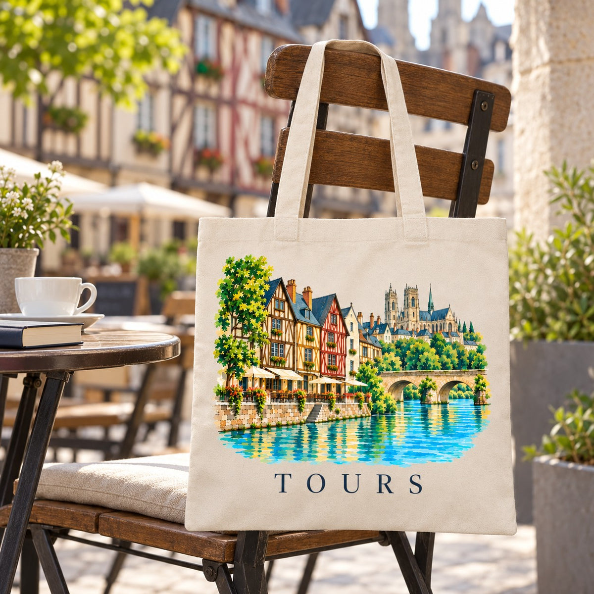 Tote bag Tours Essentiel suspendu à une chaise en terrasse sur la place Plumereau, avec un café