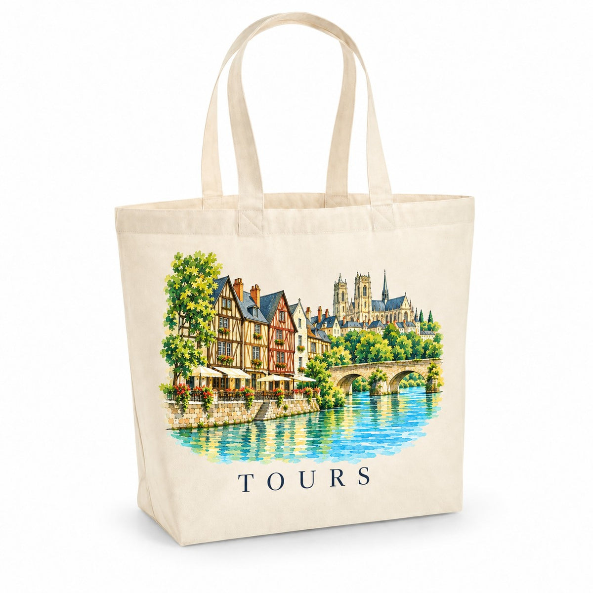 Tote bag Tours Premium, cabas à soufflet en coton naturel 200 g/m² de 18 litres, illustration aquarelle des maisons à pans de bois de la place Plumereau et de la Loire