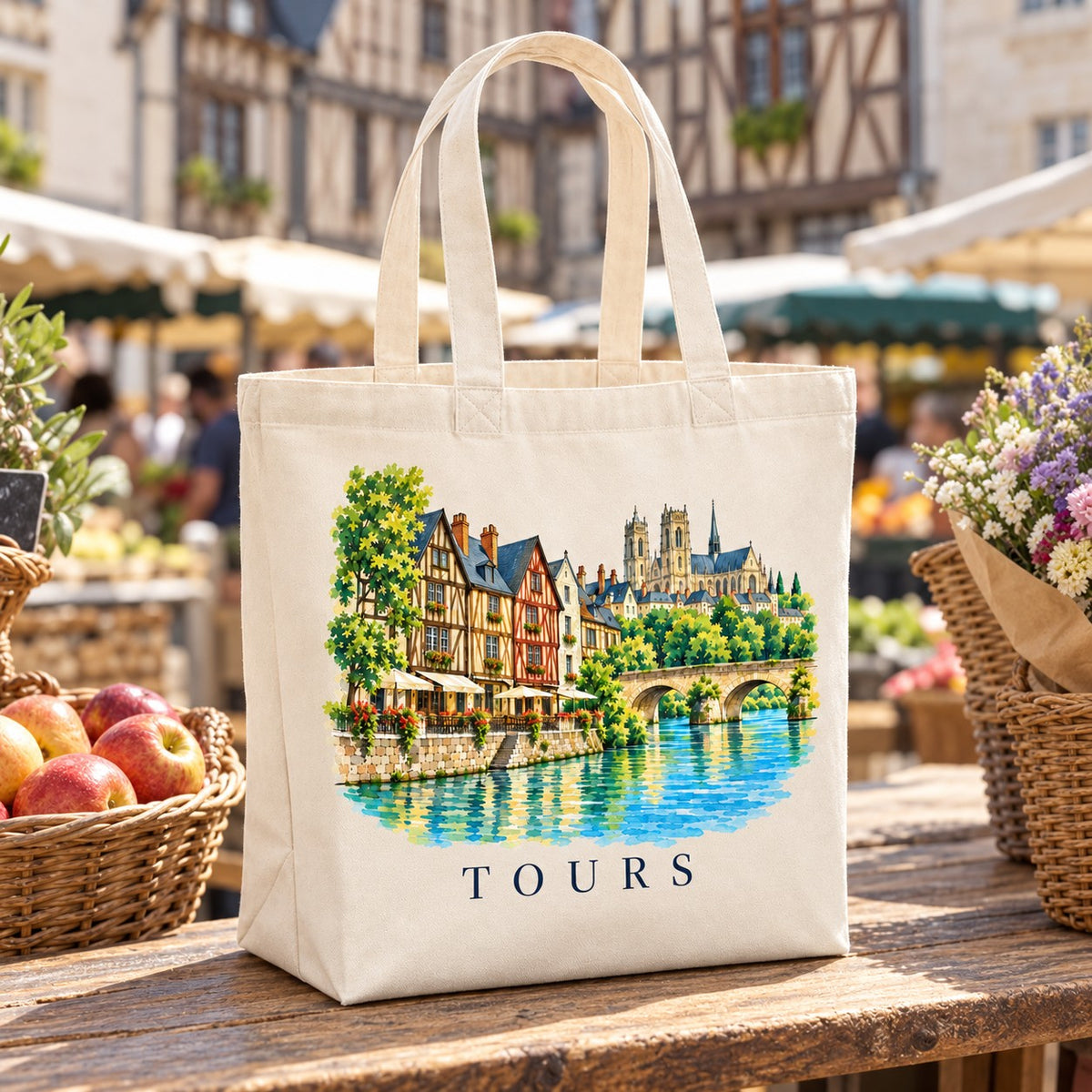 Tote bag Tours Premium posé sur un étal de marché avec des pommes et des fleurs
