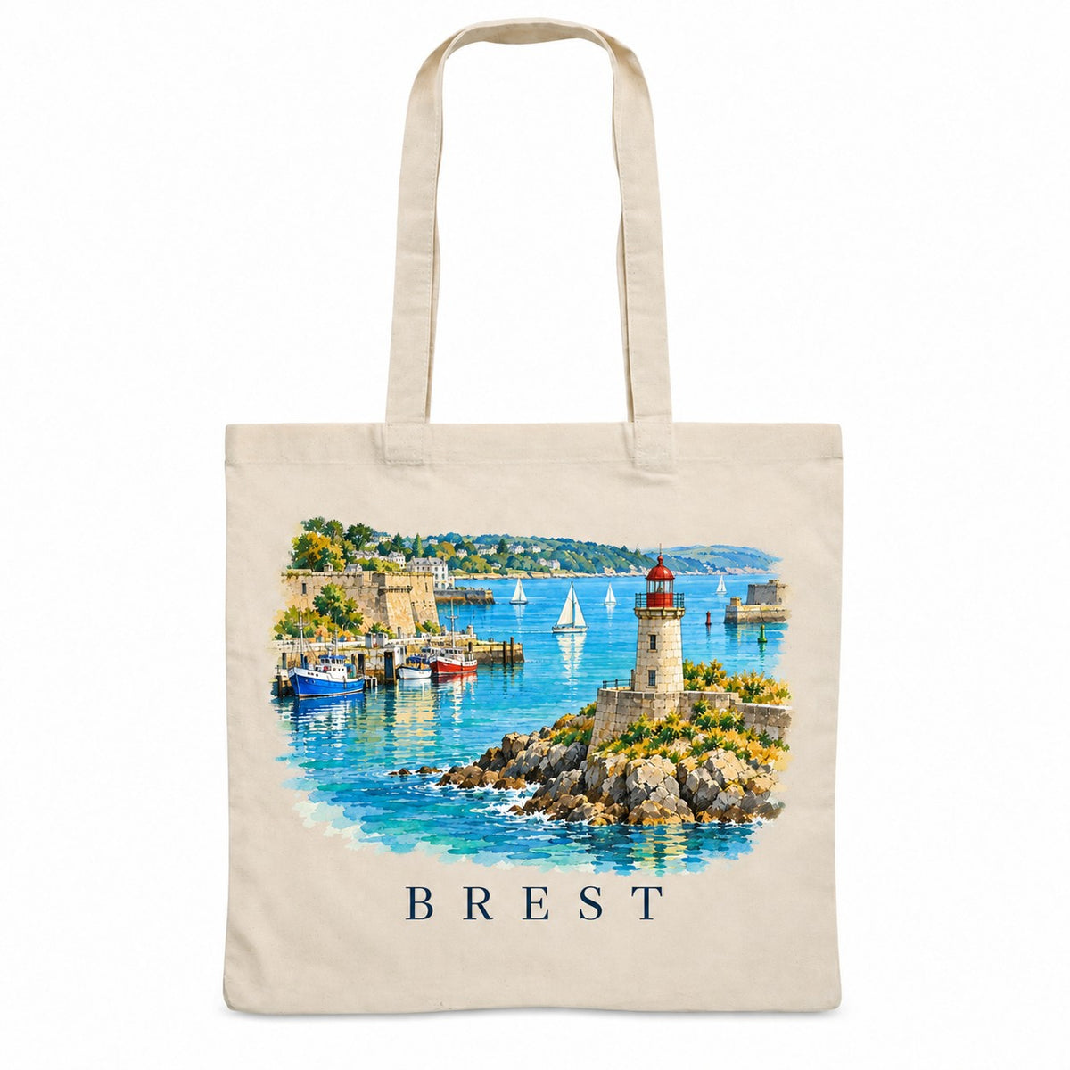 Tote bag Brest Essentiel, sac plat en coton naturel 140 g/m² de 38 × 42 cm, illustration aquarelle d'un phare, du port et des voiliers de la rade