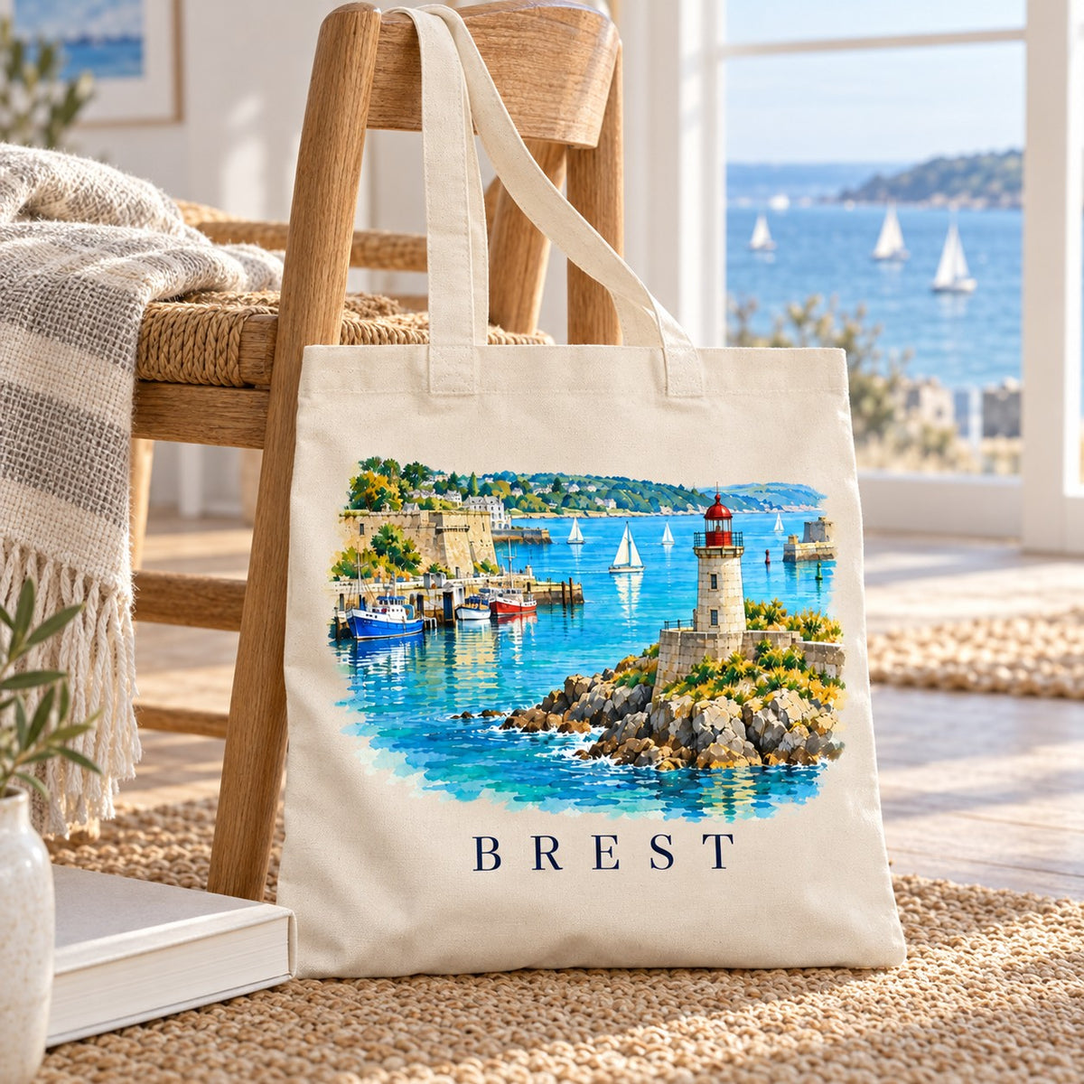 Tote bag Brest Essentiel posé sur une chaise près d'une fenêtre ouverte sur la mer
