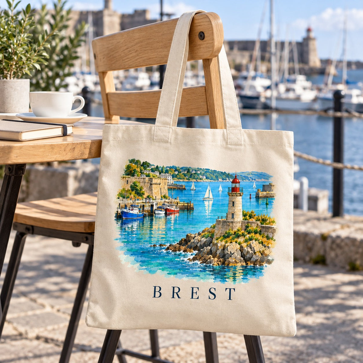 Tote bag Brest Essentiel suspendu à une chaise en terrasse face au port de plaisance, avec un café