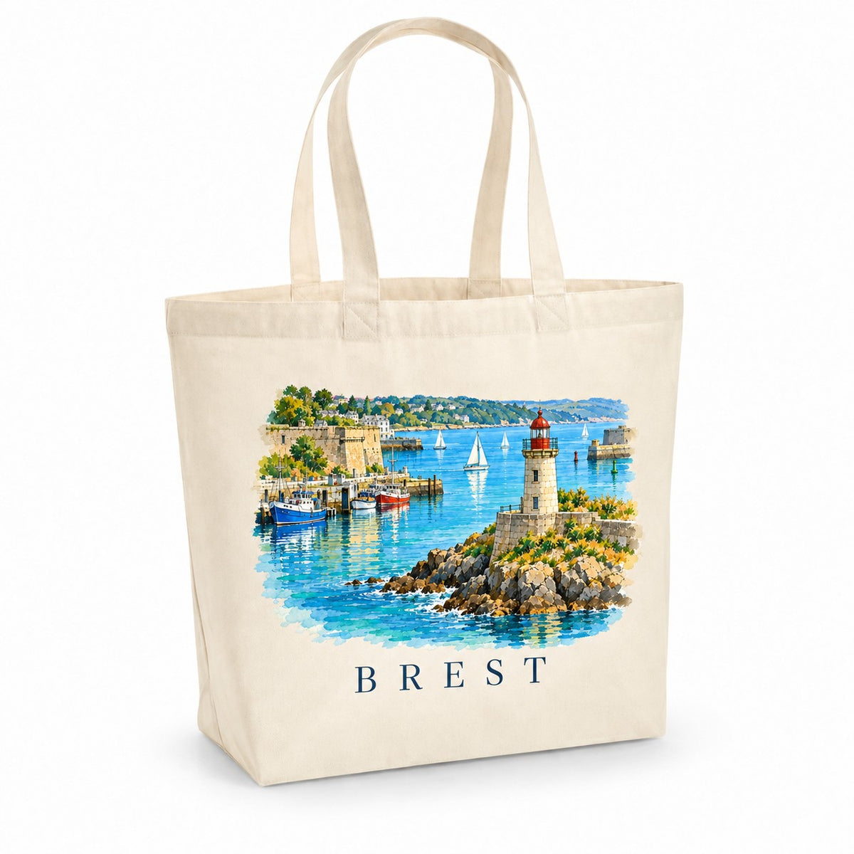 Tote bag Brest Premium, cabas à soufflet en coton naturel 200 g/m² de 18 litres, illustration aquarelle d'un phare, du port et des voiliers de la rade