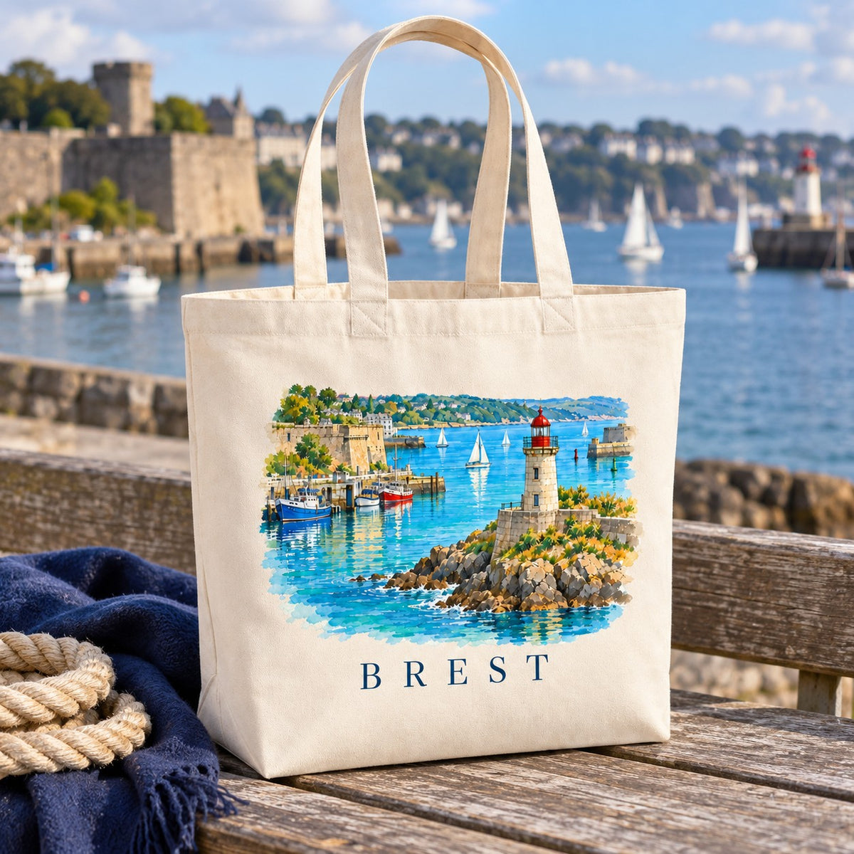 Tote bag Brest Premium posé sur une table du port, avec une corde et un plaid marin