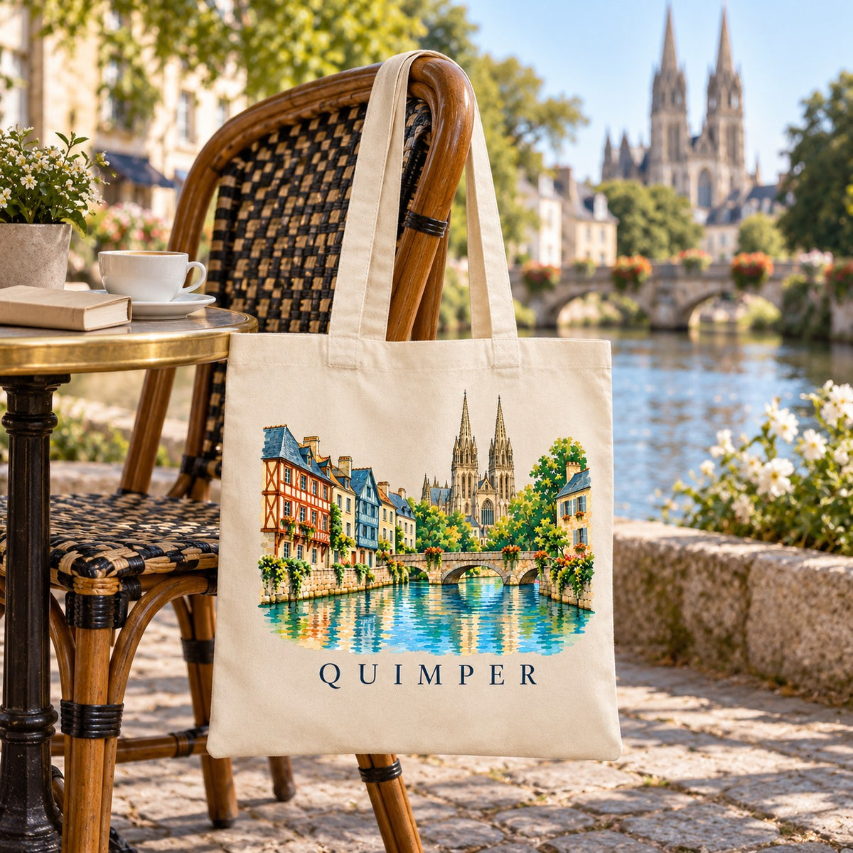Tote bag Quimper Essentiel suspendu à une chaise en terrasse au bord de l'Odet, avec un café