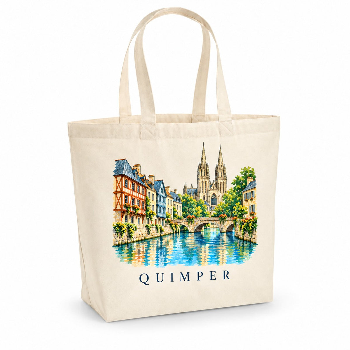 Tote bag Quimper Premium, cabas à soufflet en coton naturel 200 g/m² de 18 litres, illustration aquarelle de la cathédrale aux deux flèches, des maisons à colombages et de l'Odet