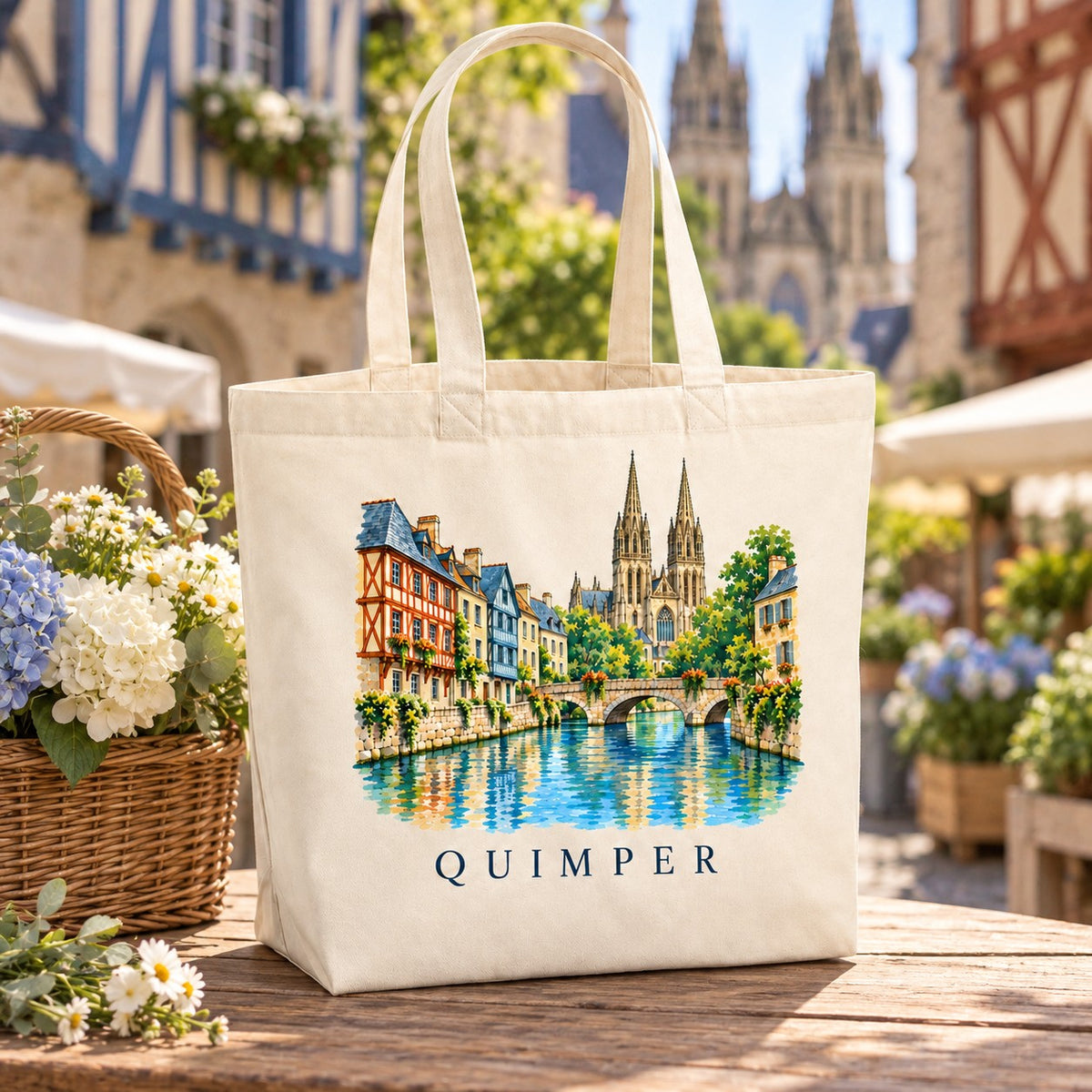 Tote bag Quimper Premium posé sur un étal fleuri d'hortensias, cathédrale au loin