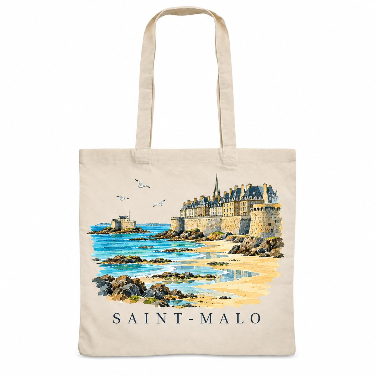 Tote bag Saint-Malo Essentiel, sac plat en coton naturel 140 g/m² de 38 × 42 cm, illustration aquarelle des remparts, de la plage à marée basse et du fort sur son îlot