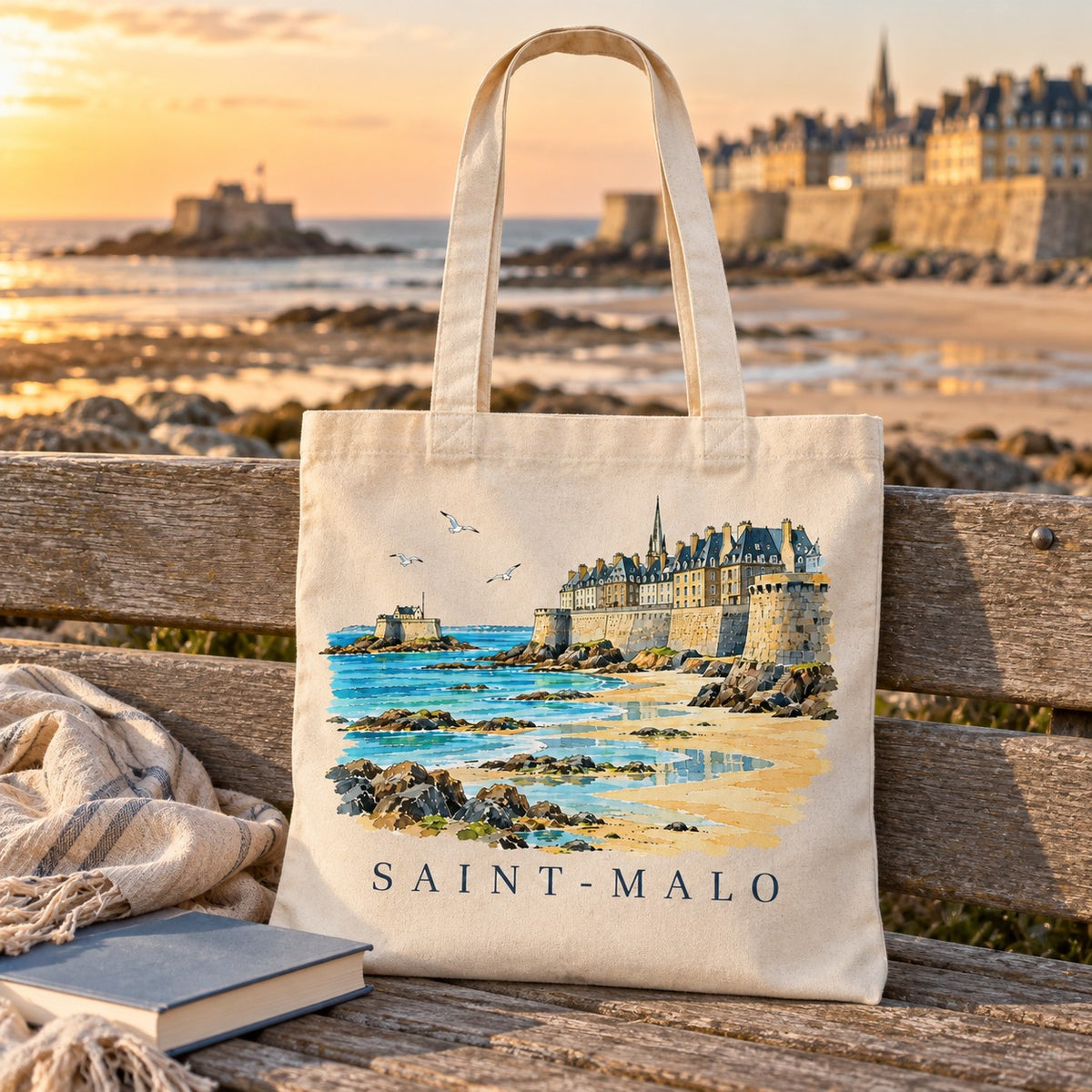 Tote bag Saint-Malo Essentiel posé sur un banc face à la plage au coucher du soleil