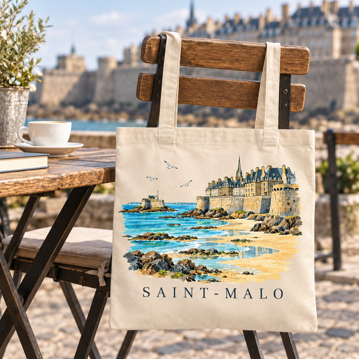 Tote bag Saint-Malo Essentiel suspendu à une chaise en terrasse face aux remparts, avec un café et un livre