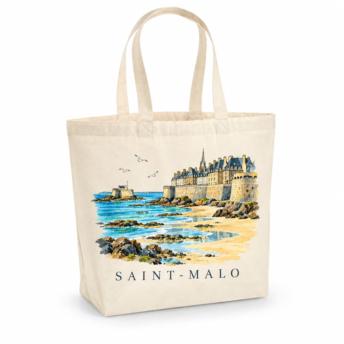 Tote bag Saint-Malo Premium, cabas à soufflet en coton naturel 200 g/m² de 18 litres, illustration aquarelle des remparts, de la plage à marée basse et du fort sur son îlot