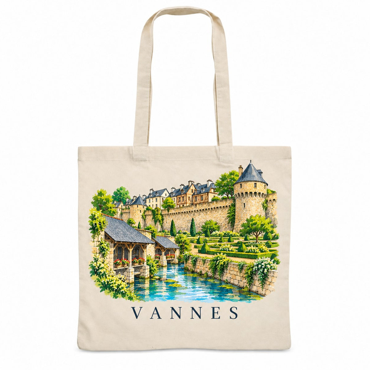 Tote bag Vannes Essentiel, sac plat en coton naturel 140 g/m² de 38 × 42 cm, illustration aquarelle des remparts, des jardins à la française et des lavoirs