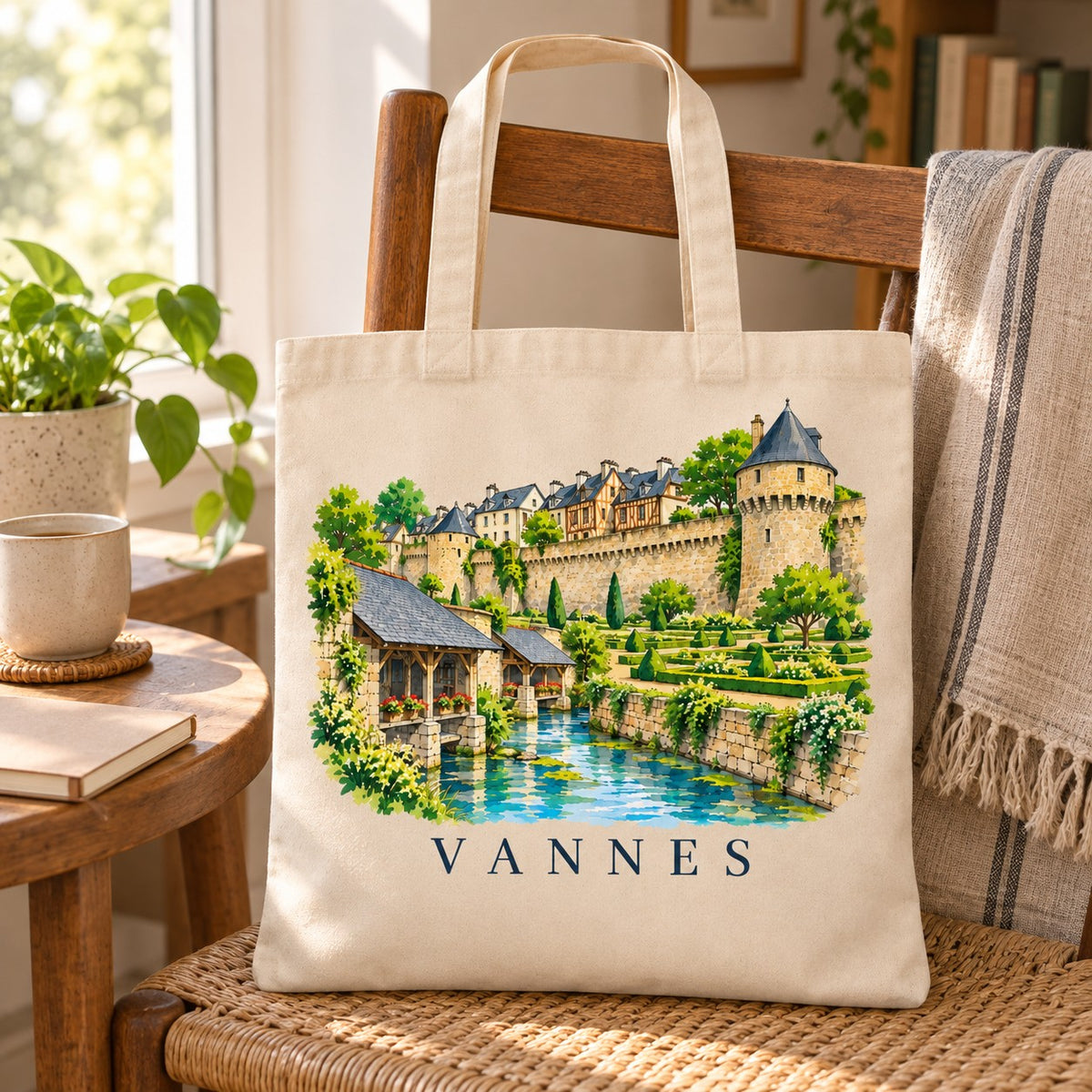 Tote bag Vannes Essentiel posé sur une chaise près d'une fenêtre, avec une tasse