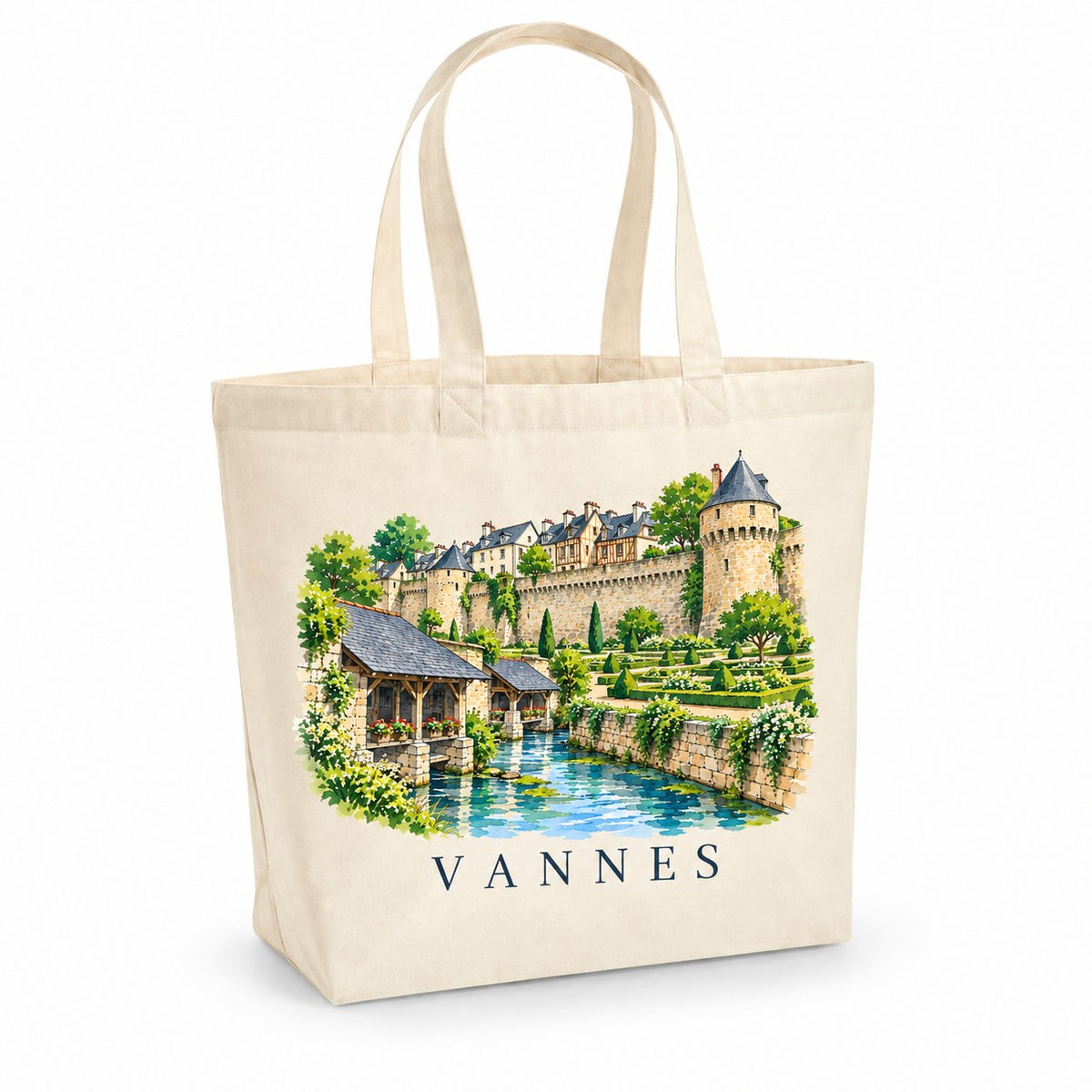 Tote bag Vannes Premium, cabas à soufflet en coton naturel 200 g/m² de 18 litres, illustration aquarelle des remparts, des jardins à la française et des lavoirs
