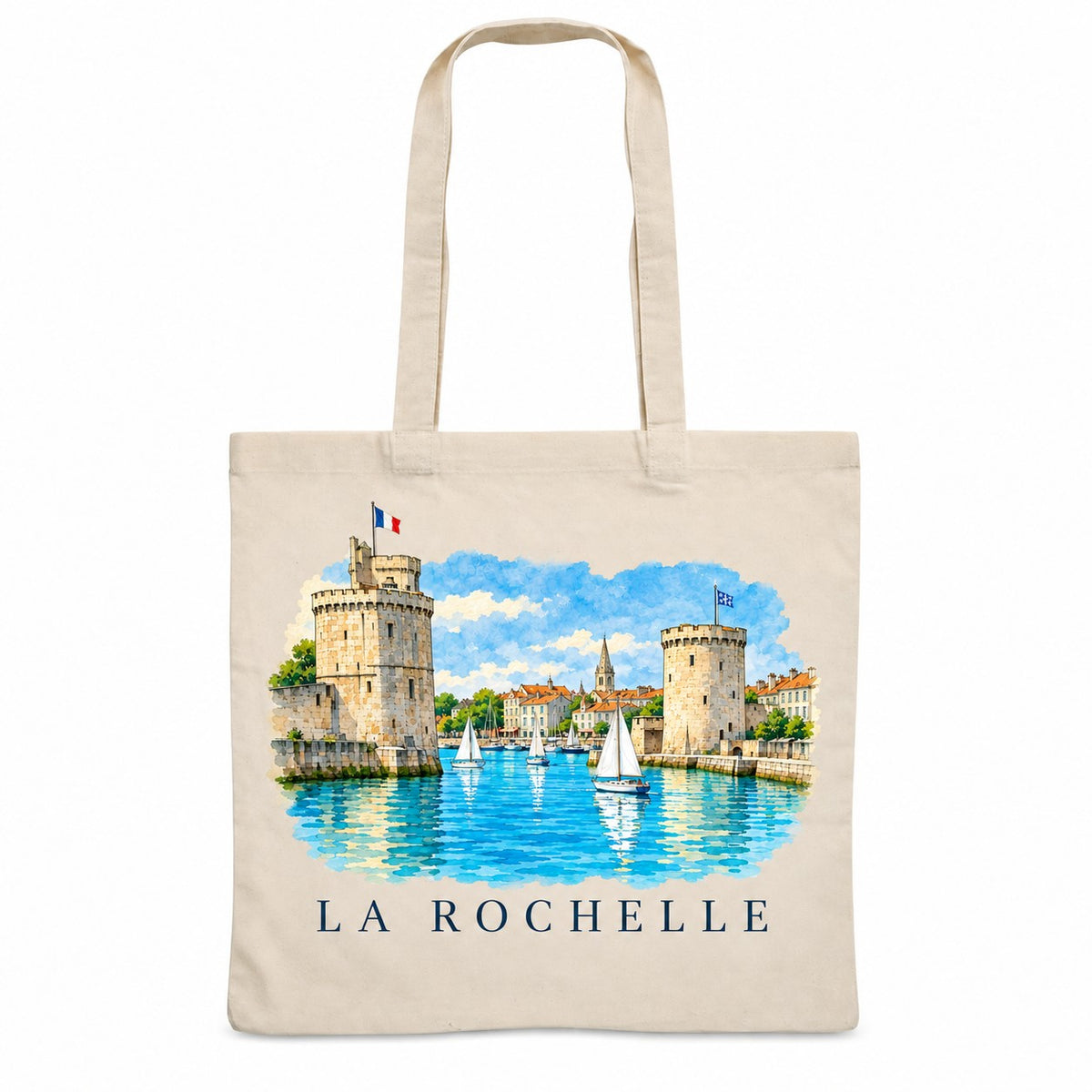 Tote bag La Rochelle Essentiel, sac plat en coton naturel 140 g/m² de 38 × 42 cm, illustration aquarelle des tours du Vieux-Port et des voiliers