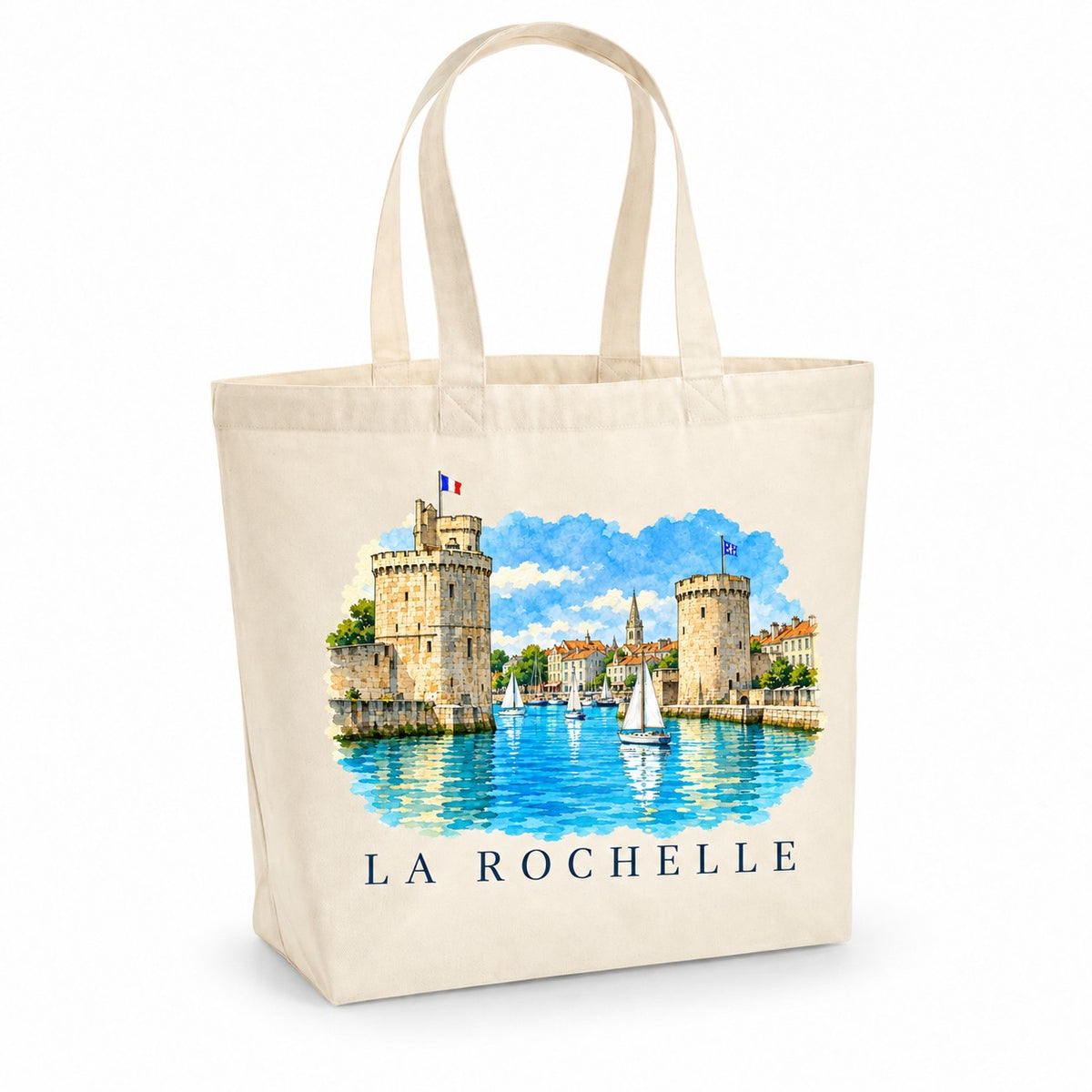 Tote bag La Rochelle Premium, cabas à soufflet en coton naturel 200 g/m² de 18 litres, illustration aquarelle des tours du Vieux-Port et des voiliers