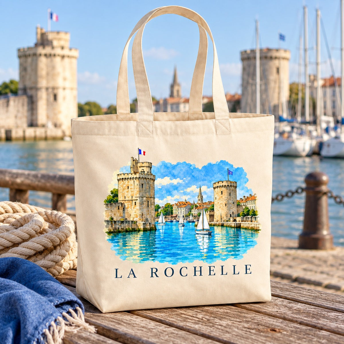 Tote bag La Rochelle Premium posé sur un ponton du port, avec une corde et un plaid