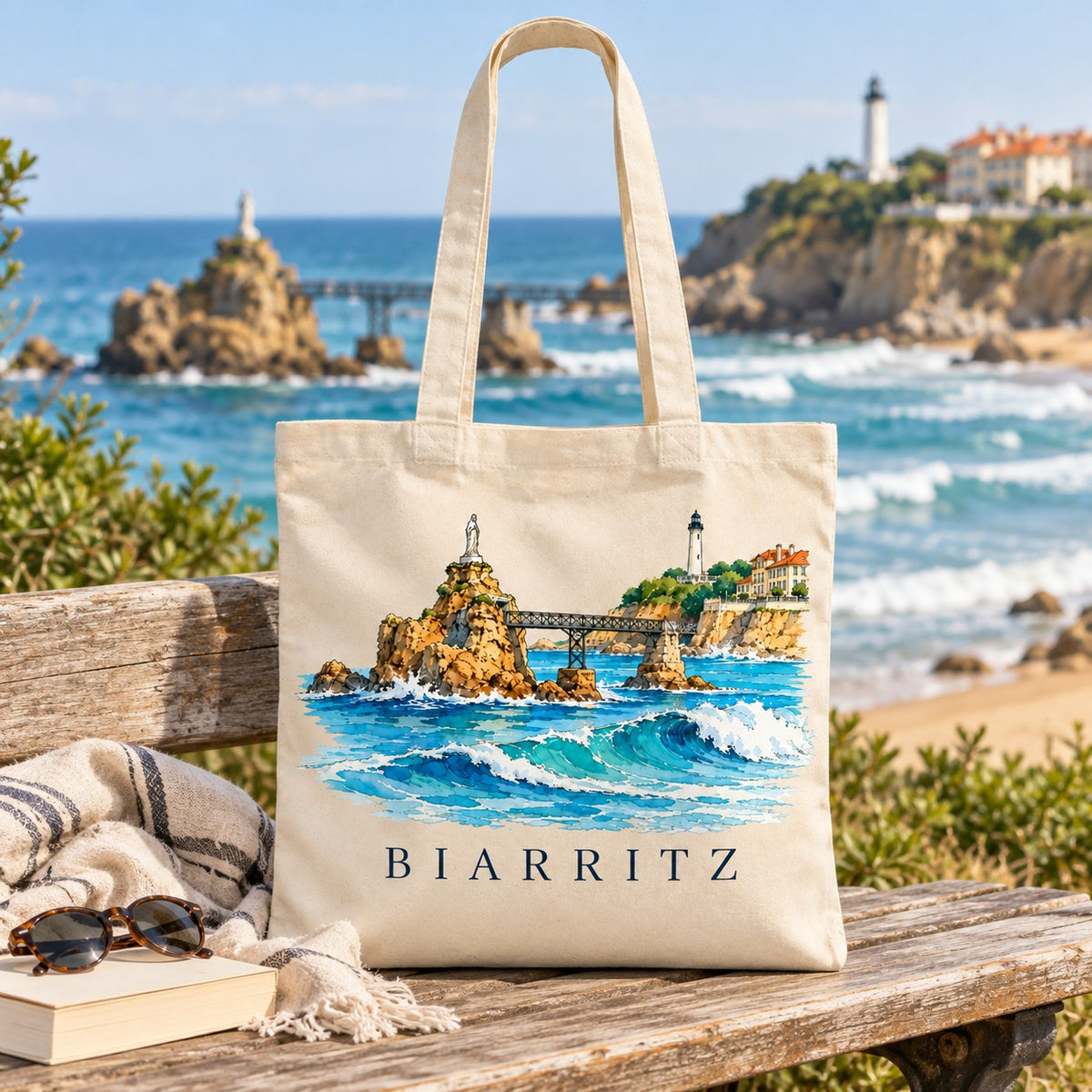 Tote bag Biarritz Essentiel posé sur un banc face à l'océan, avec un livre et des lunettes de soleil