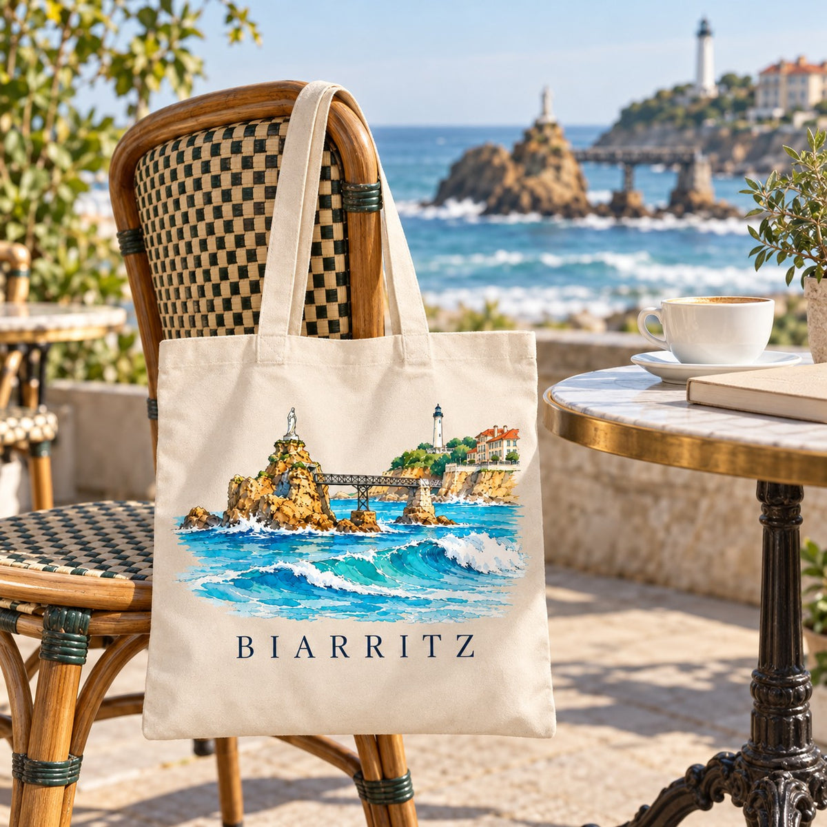 Tote bag Biarritz Essentiel suspendu à une chaise en terrasse face à la mer, avec un café