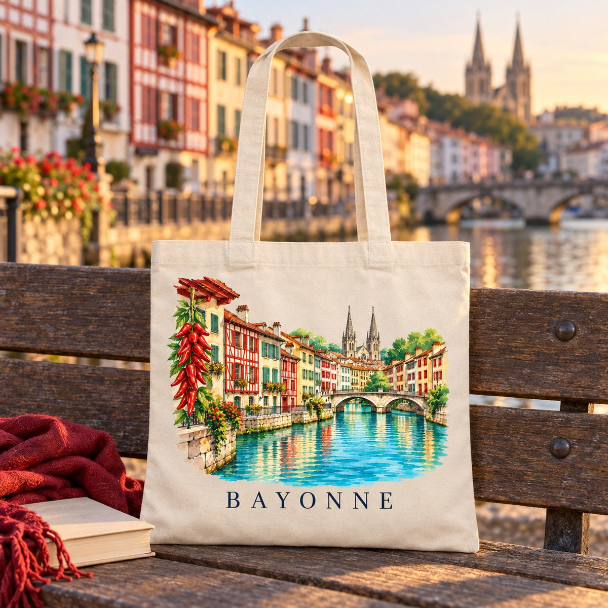 Tote bag Bayonne Essentiel posé sur un banc au bord de la Nive, avec un livre et un plaid
