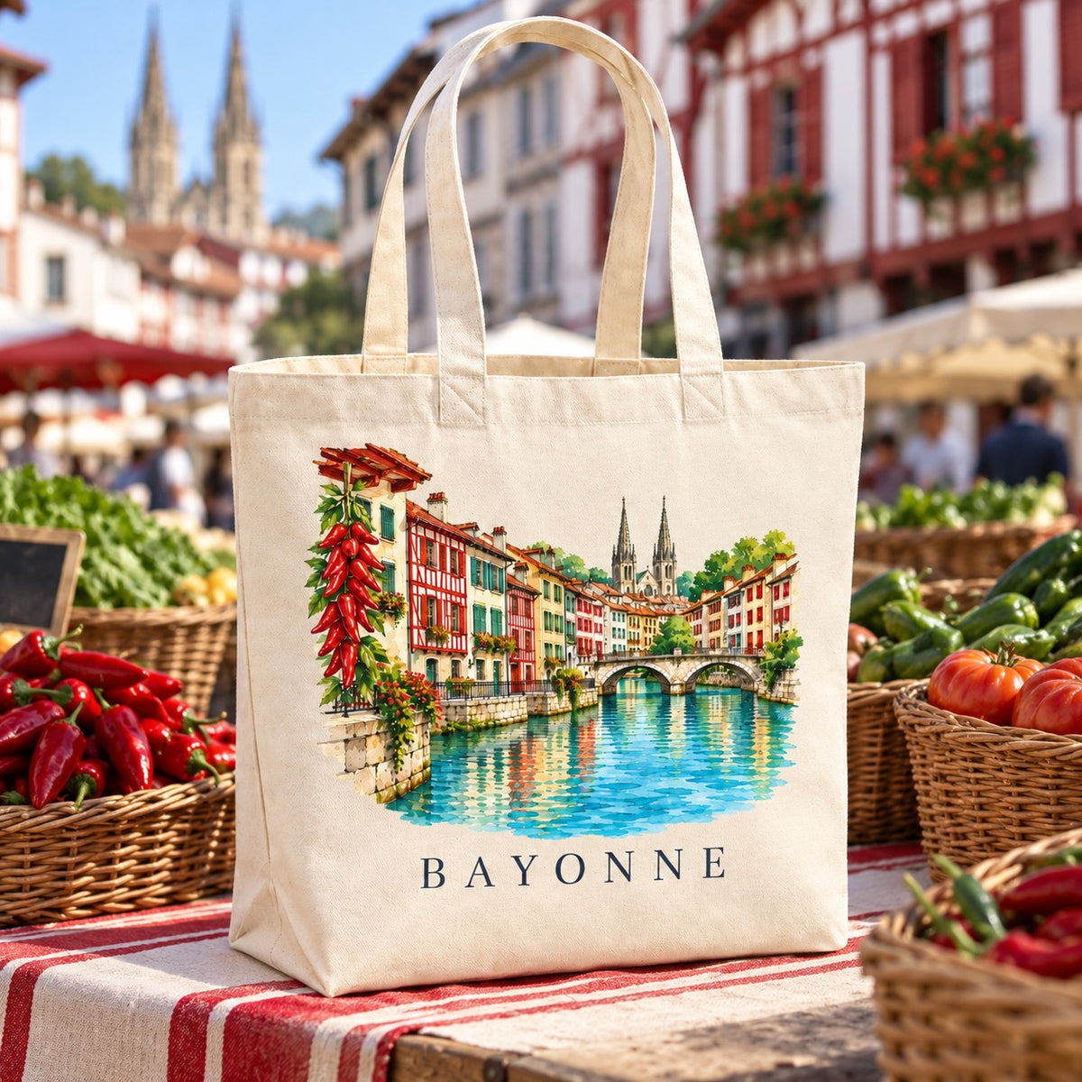 Tote bag Bayonne Premium posé sur un étal de marché avec des piments et des légumes