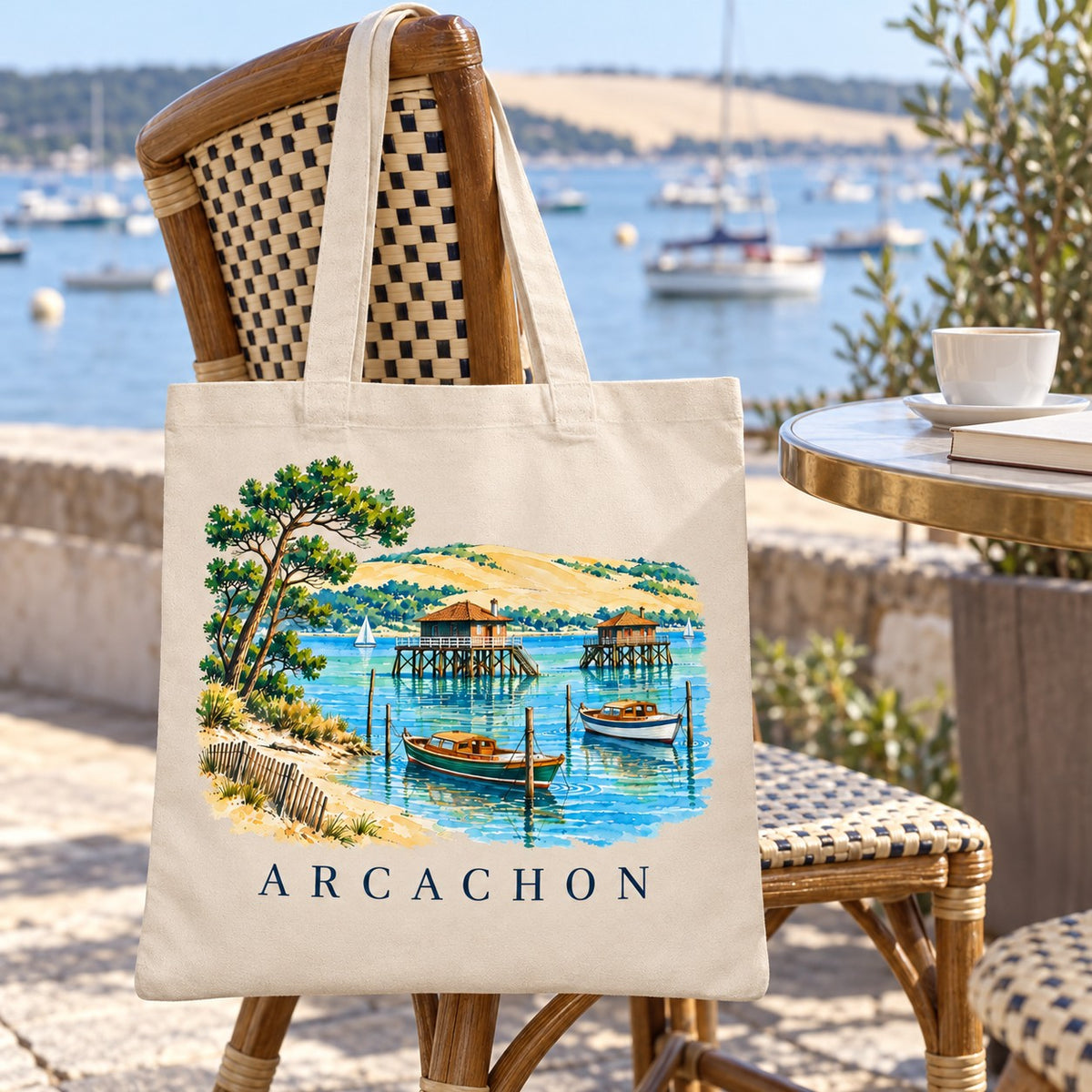 Tote bag Arcachon Essentiel suspendu à une chaise en terrasse face au Bassin et aux voiliers