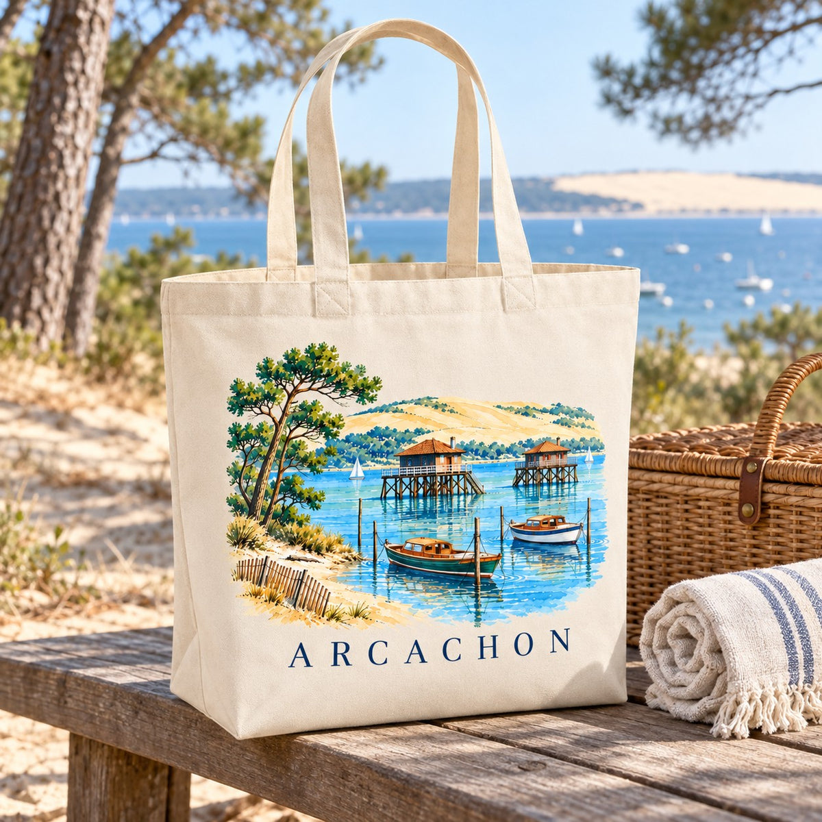 Tote bag Arcachon Premium posé sur une table sous les pins, avec un panier de pique-nique