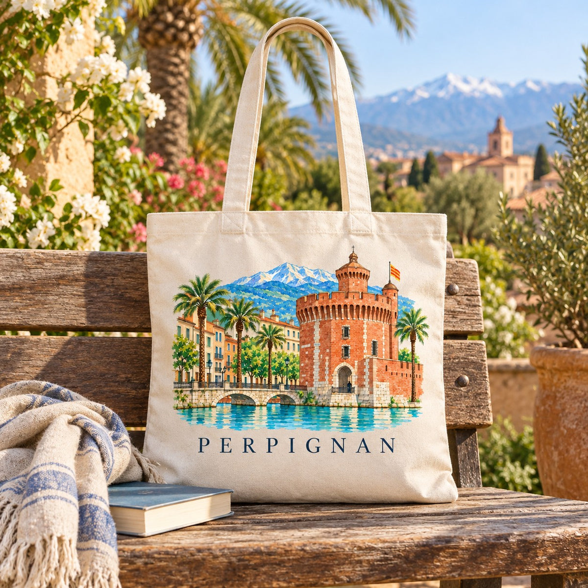 Tote bag Perpignan Essentiel posé sur un banc face au Canigou, avec un livre et un plaid