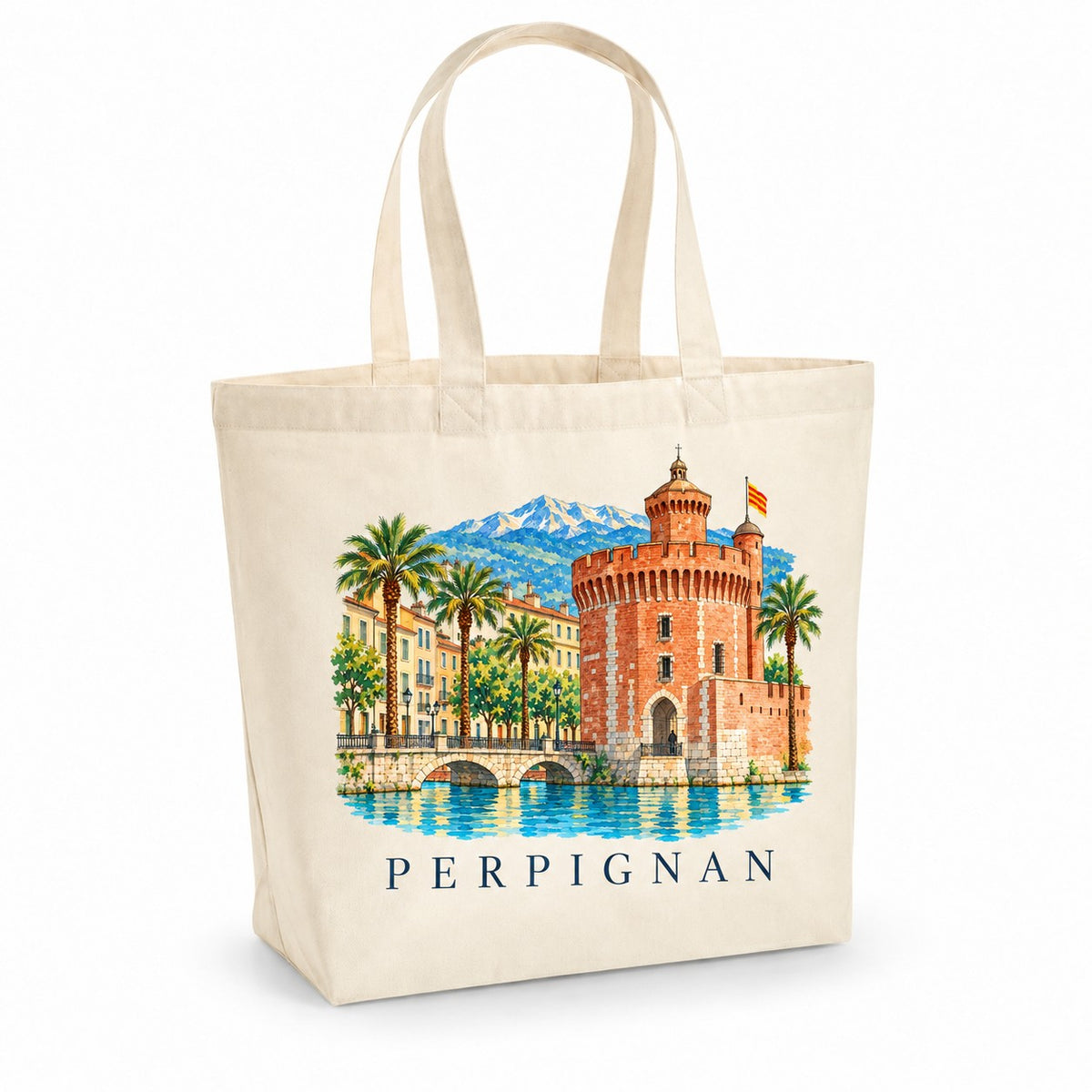 Tote bag Perpignan Premium, cabas à soufflet en coton naturel 200 g/m² de 18 litres, illustration aquarelle du Castillet, des palmiers et du Canigou