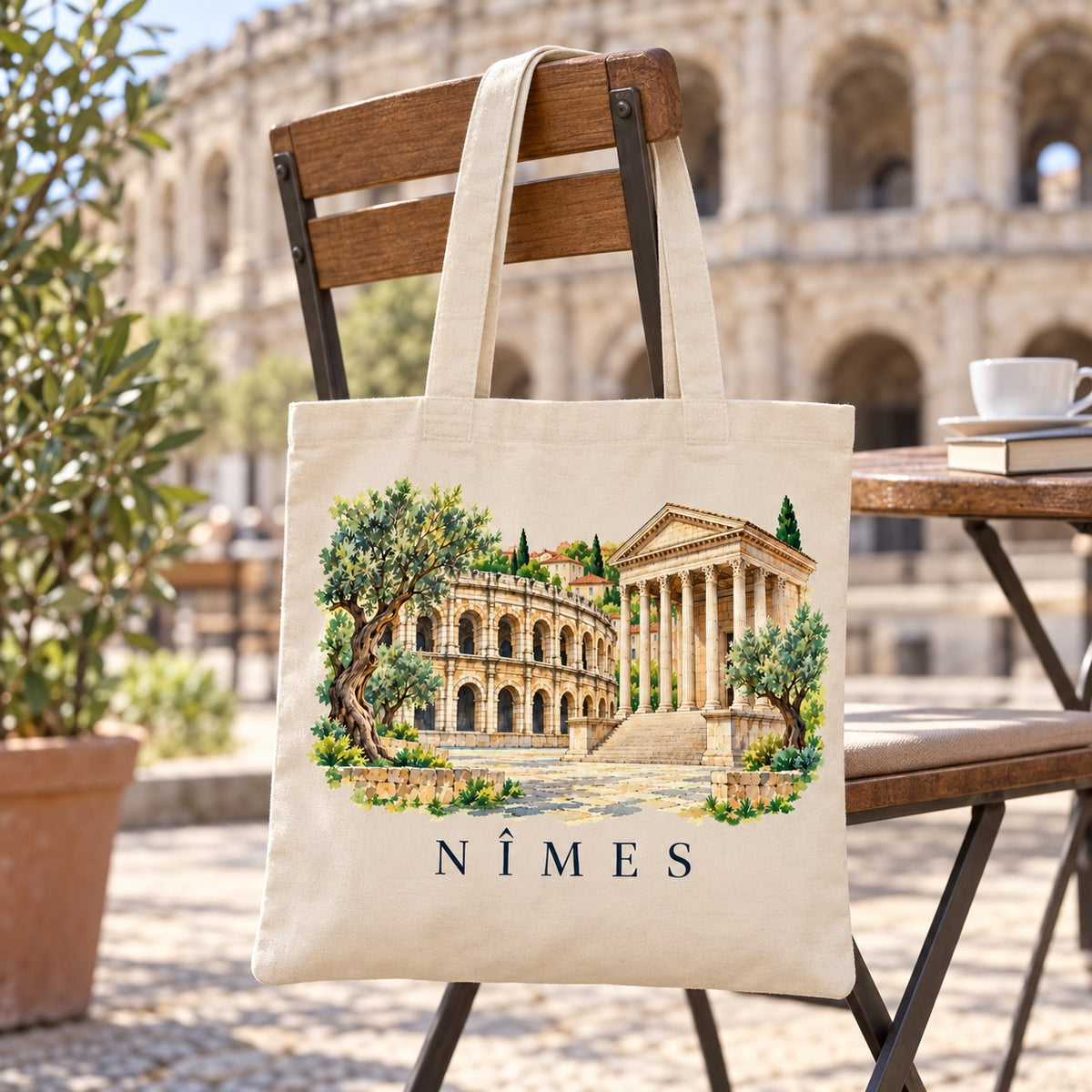 Tote bag Nîmes Essentiel suspendu à une chaise en terrasse face aux arènes, avec un café