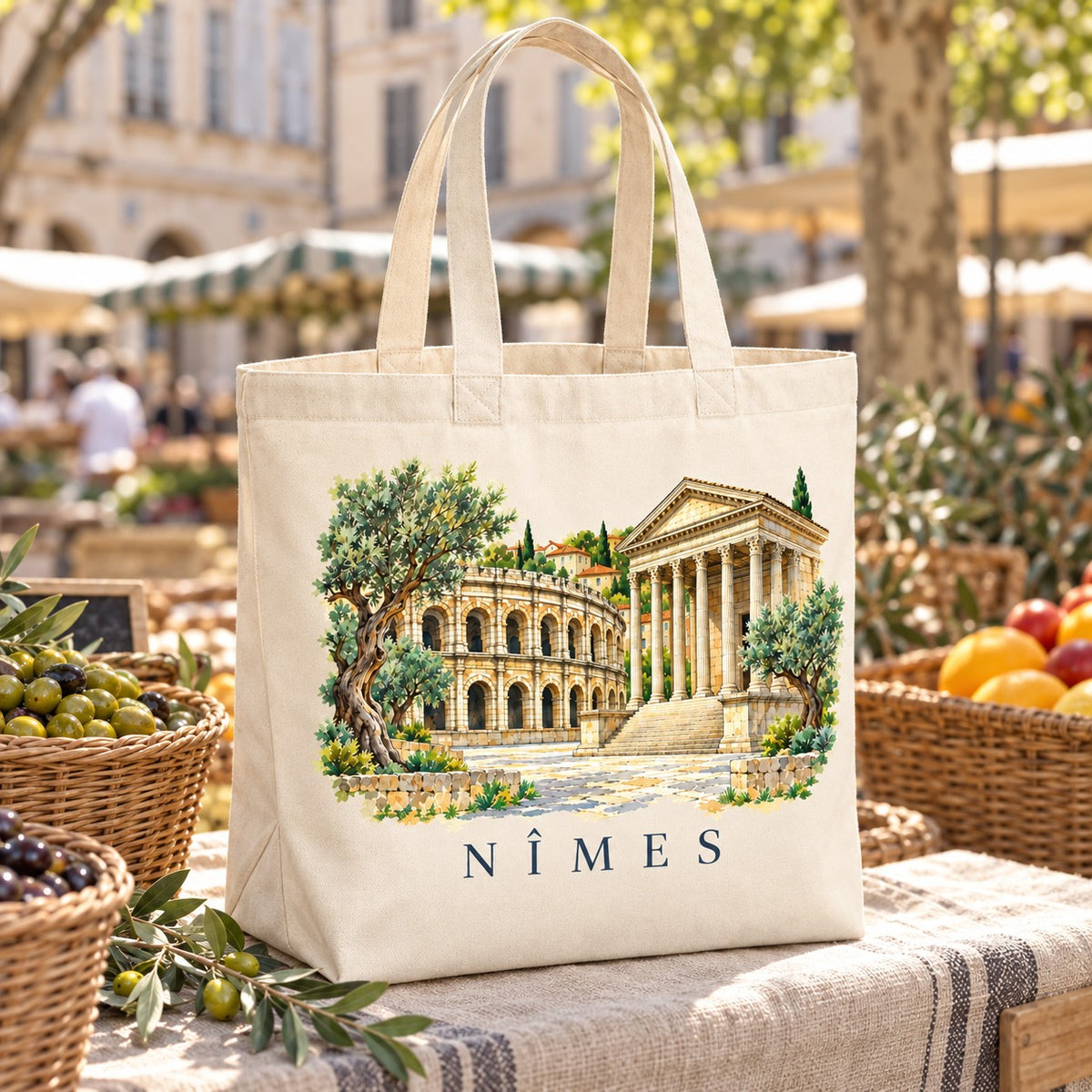 Tote bag Nîmes Premium posé sur un étal de marché avec des olives et des fruits
