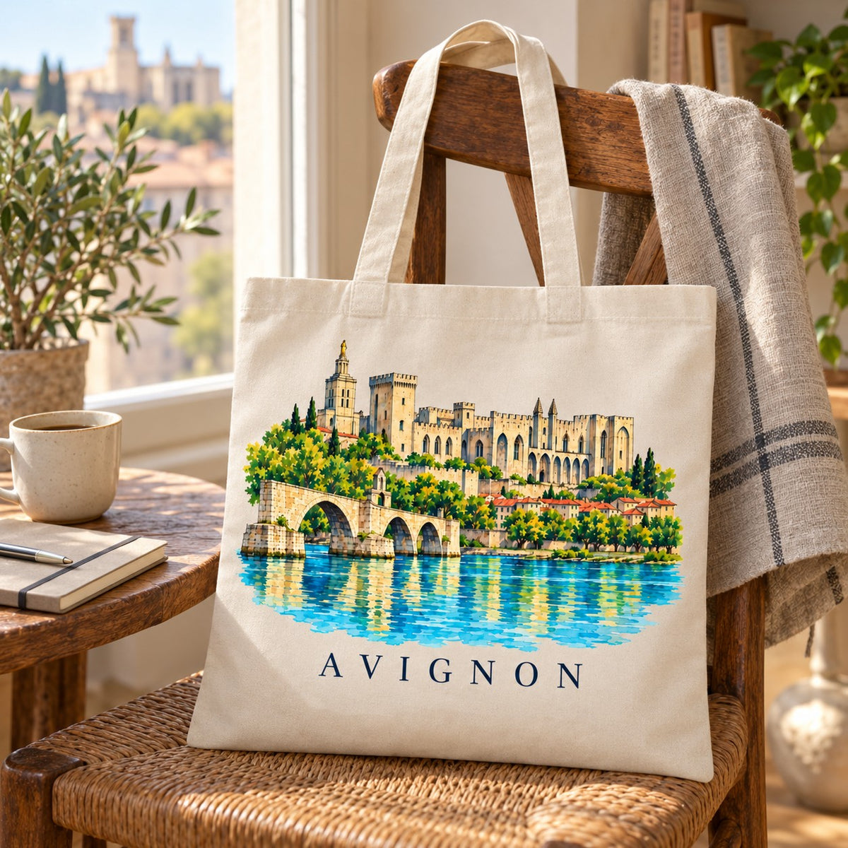 Tote bag Avignon Essentiel posé sur une chaise près d'une fenêtre, avec une tasse et un plaid