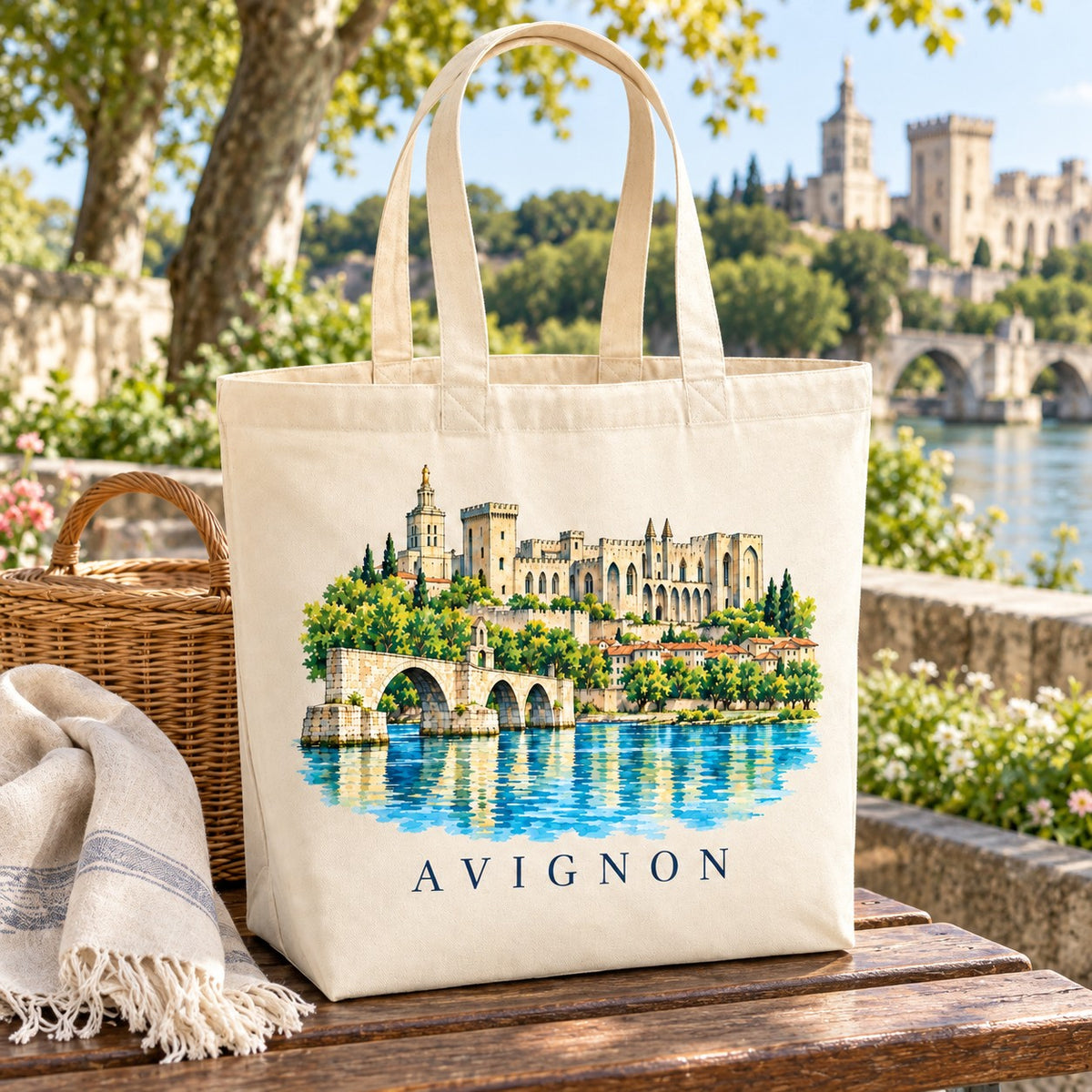Tote bag Avignon Premium posé sur un banc face au Rhône et au pont Saint-Bénézet
