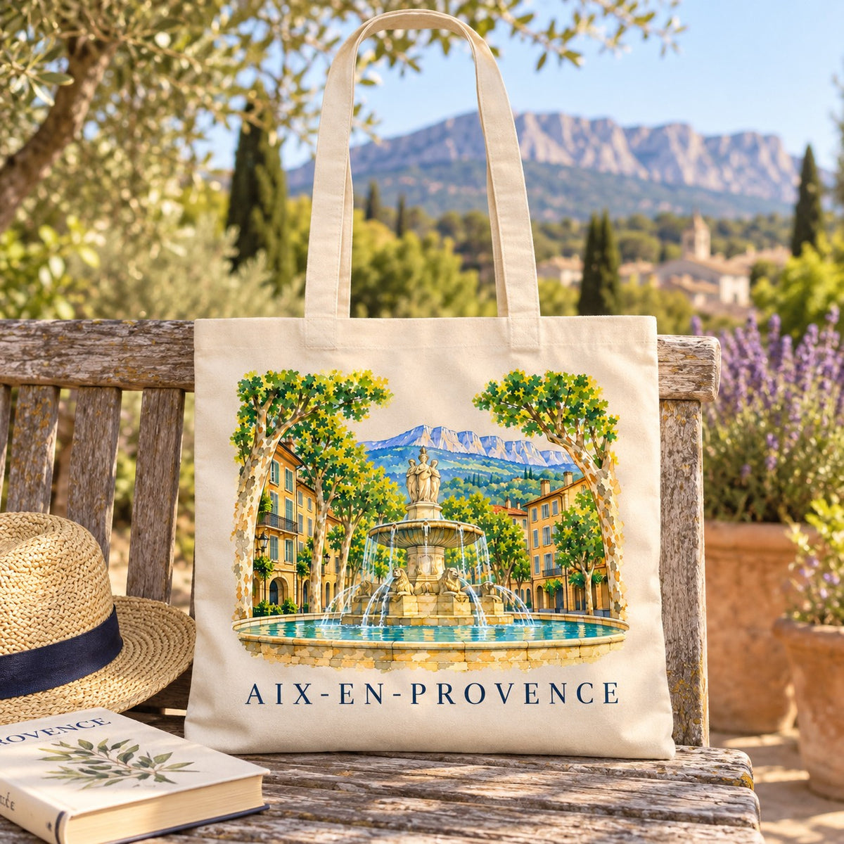 Tote bag Aix-en-Provence Essentiel posé sur un banc face à la montagne Sainte-Victoire, avec un chapeau de paille
