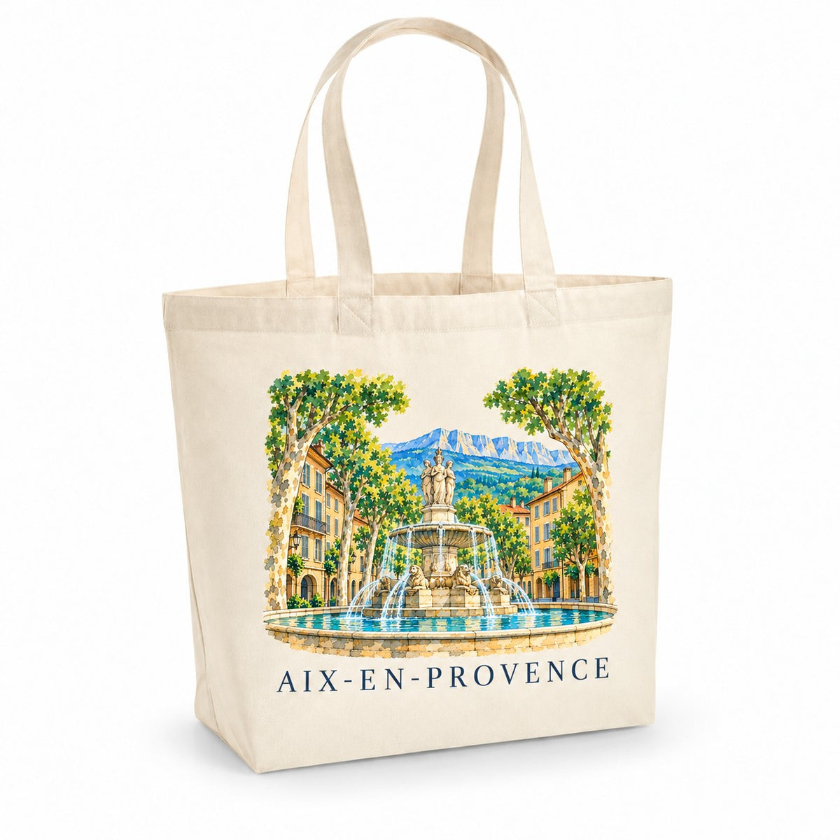 Tote bag Aix-en-Provence Premium, cabas à soufflet en coton naturel 200 g/m² de 18 litres, illustration aquarelle de la fontaine de la Rotonde, des platanes et de la montagne Sainte-Victoire