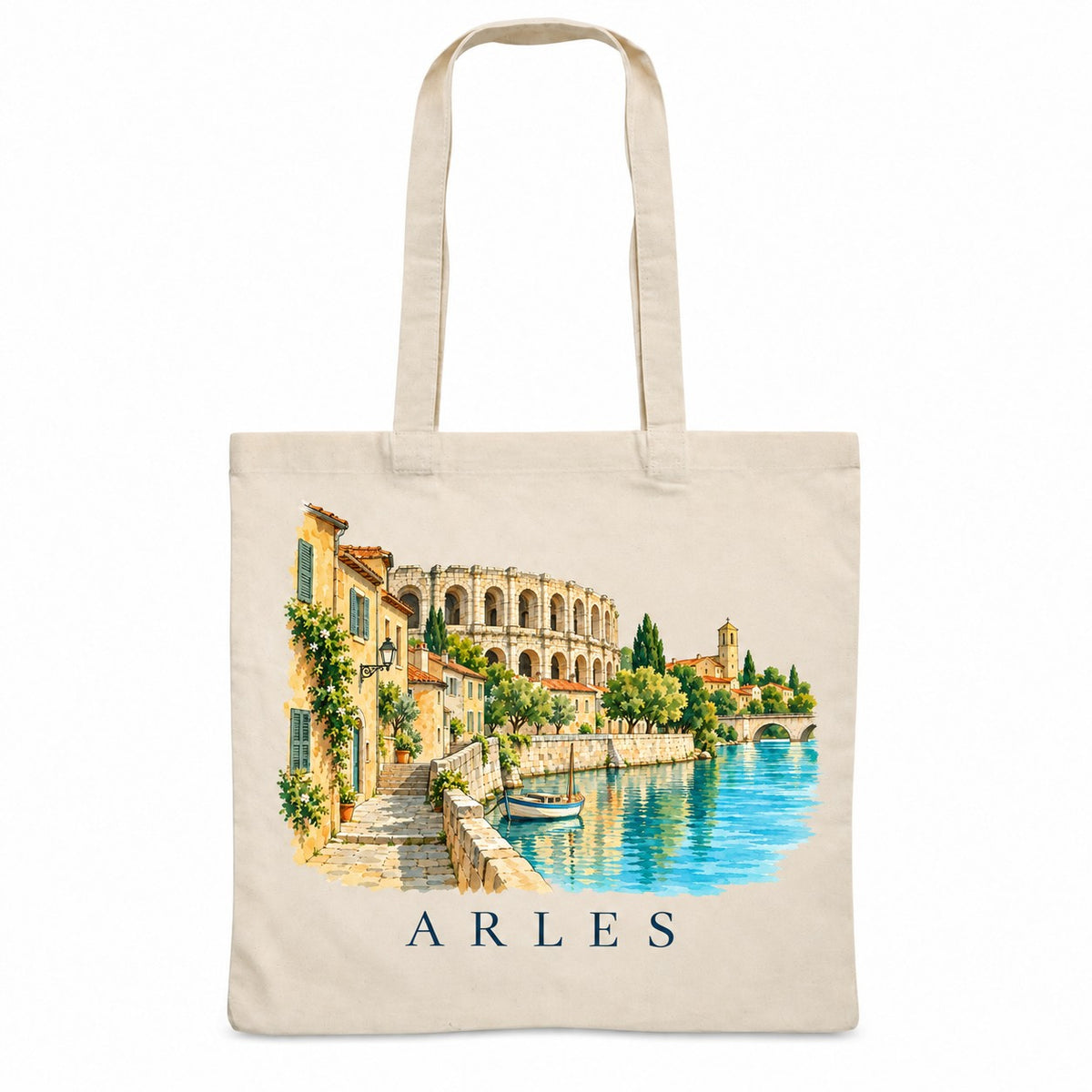 Tote bag Arles Essentiel, sac plat en coton naturel 140 g/m² de 38 × 42 cm, illustration aquarelle des arènes, des ruelles ocre et du Rhône