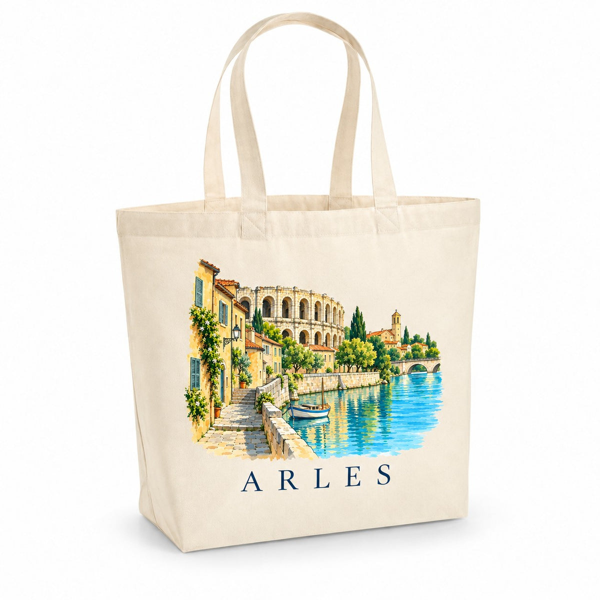 Tote bag Arles Premium, cabas à soufflet en coton naturel 200 g/m² de 18 litres, illustration aquarelle des arènes, des ruelles ocre et du Rhône