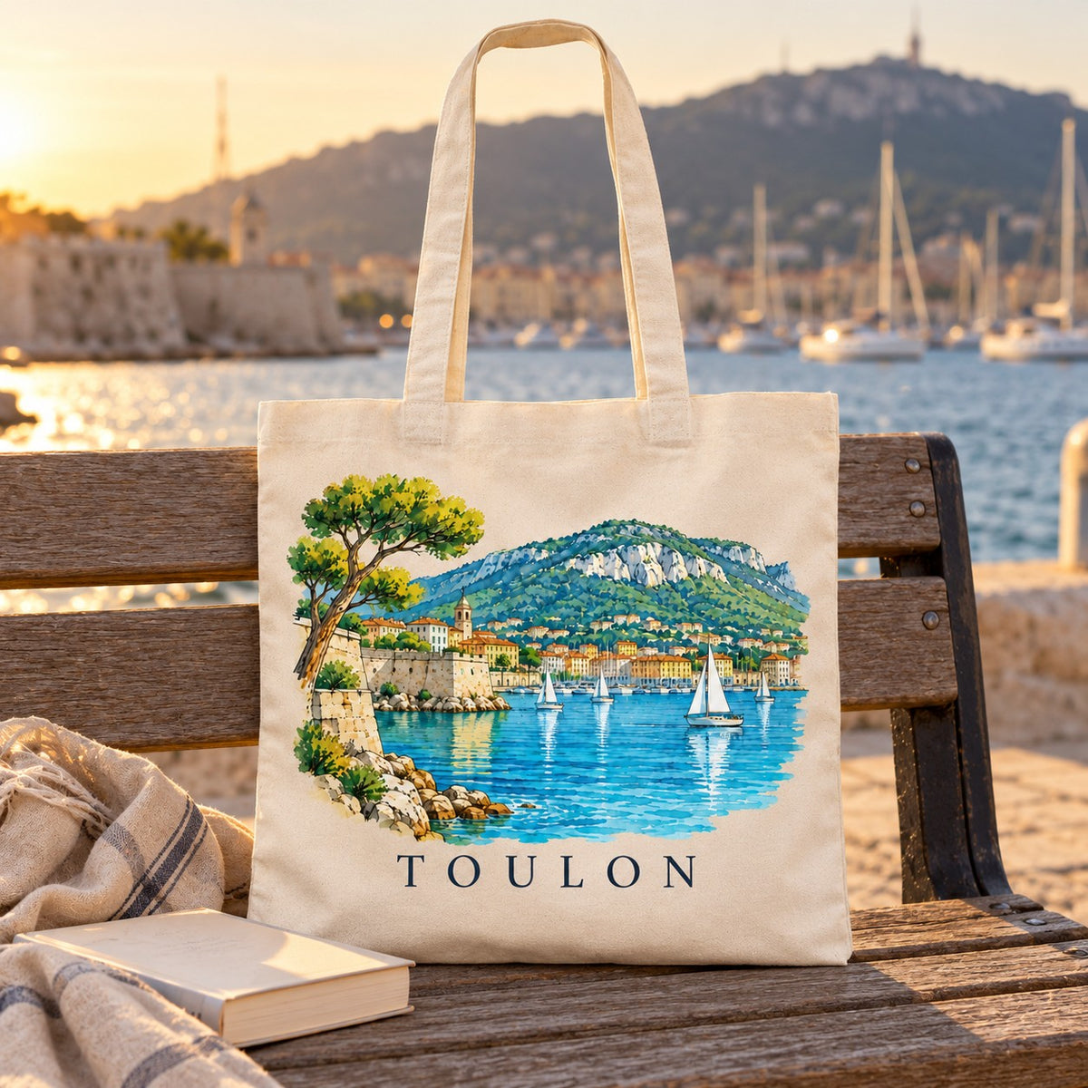 Tote bag Toulon Essentiel posé sur un banc face à la rade au coucher du soleil, avec un livre
