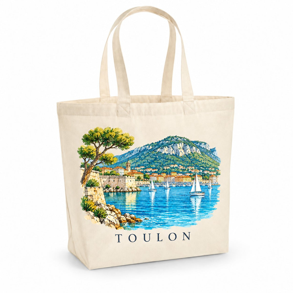Tote bag Toulon Premium, cabas à soufflet en coton naturel 200 g/m² de 18 litres, illustration aquarelle de la rade, du mont Faron et des voiliers