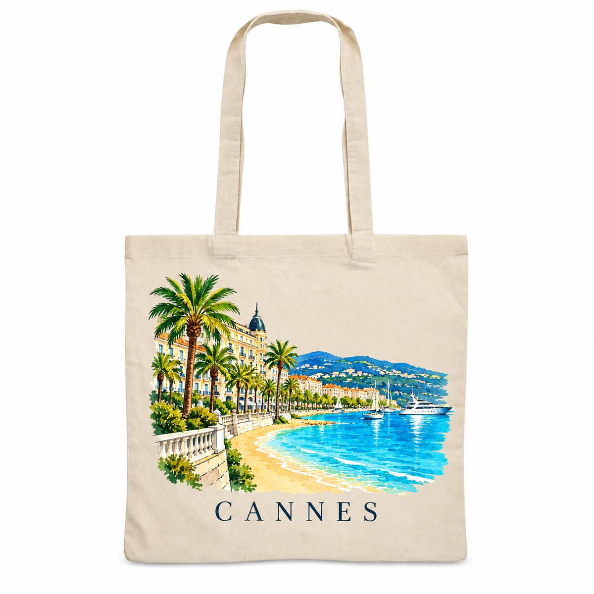 Tote bag Cannes Essentiel, sac plat en coton naturel 140 g/m² de 38 × 42 cm, illustration aquarelle de la Croisette, des palmiers et de la baie