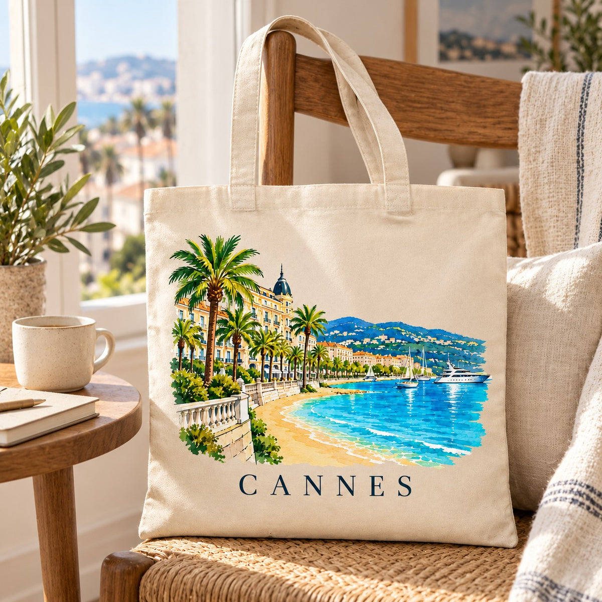 Tote bag Cannes Essentiel posé sur une chaise près d'une fenêtre, avec une tasse