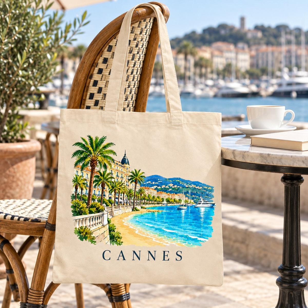 Tote bag Cannes Essentiel suspendu à une chaise en terrasse face à la baie, avec un café et un livre