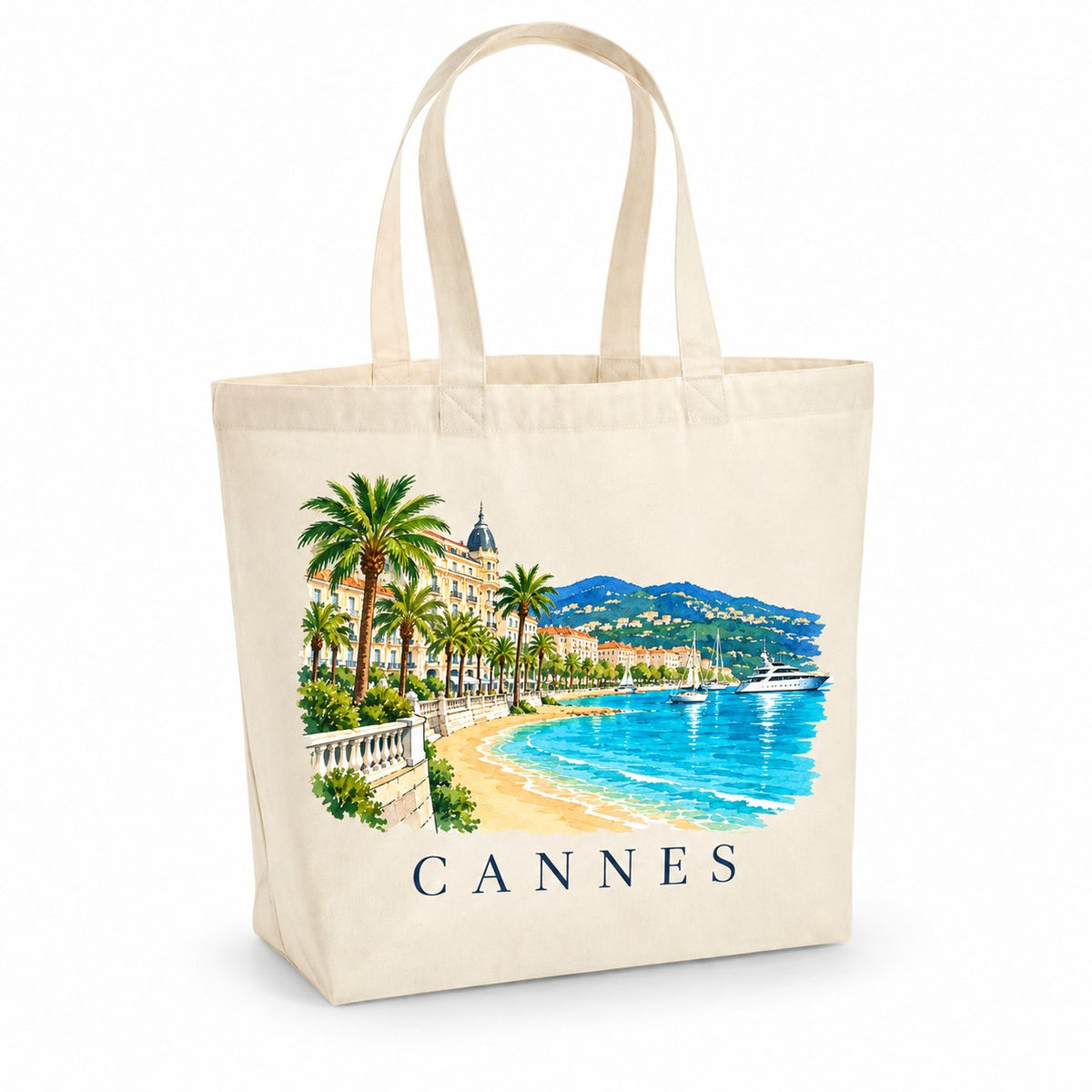 Tote bag Cannes Premium, cabas à soufflet en coton naturel 200 g/m² de 18 litres, illustration aquarelle de la Croisette, des palmiers et de la baie
