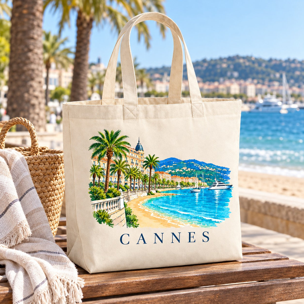 Tote bag Cannes Premium posé sur une table face à la plage, avec un panier