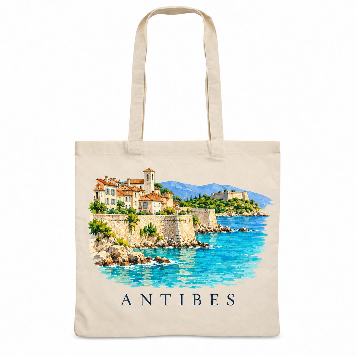 Tote bag Antibes Essentiel, sac plat en coton naturel 140 g/m² de 38 × 42 cm, illustration aquarelle des remparts, de la vieille ville et de la mer turquoise