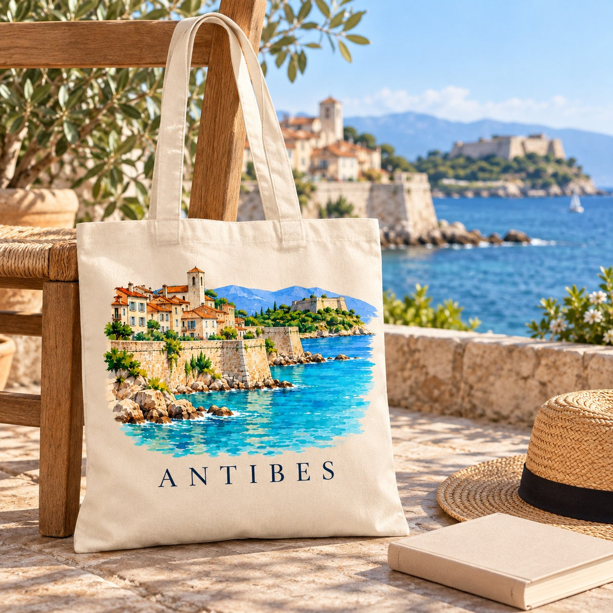 Tote bag Antibes Essentiel posé sur une chaise face à la baie, avec un chapeau de paille et un livre