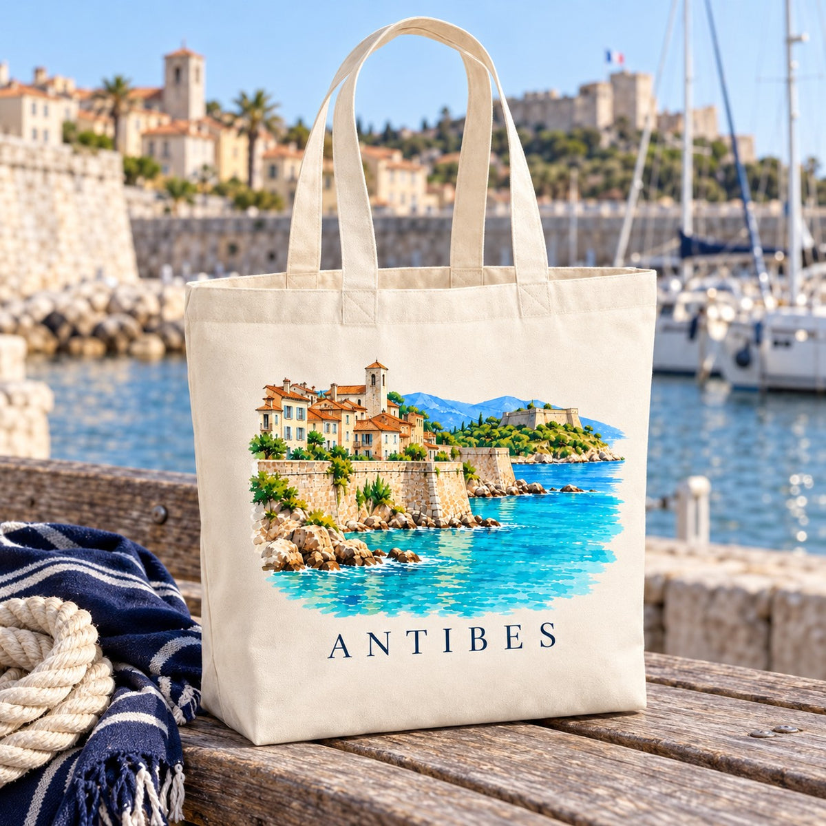 Tote bag Antibes Premium posé sur un muret face au port, avec une corde et un plaid
